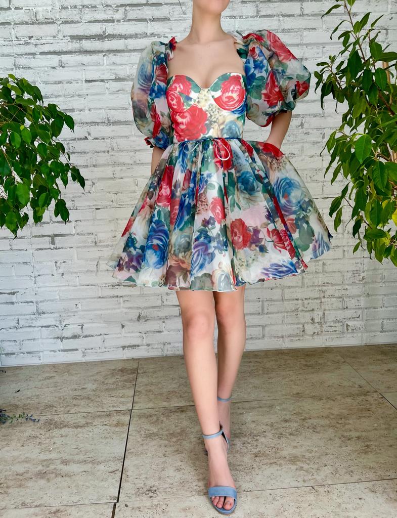 Blue and red mini dress with short sleeves and printed flowers