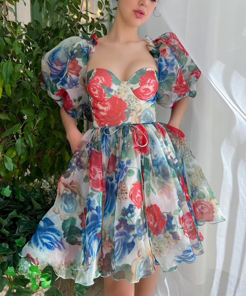 Blue and red mini dress with short sleeves and printed flowers