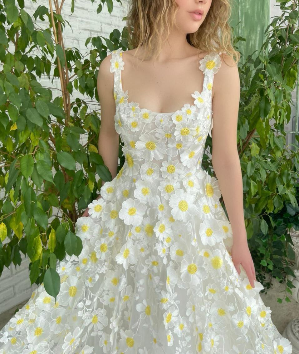 White A-Line dress with spaghetti straps, embroidery and flowers