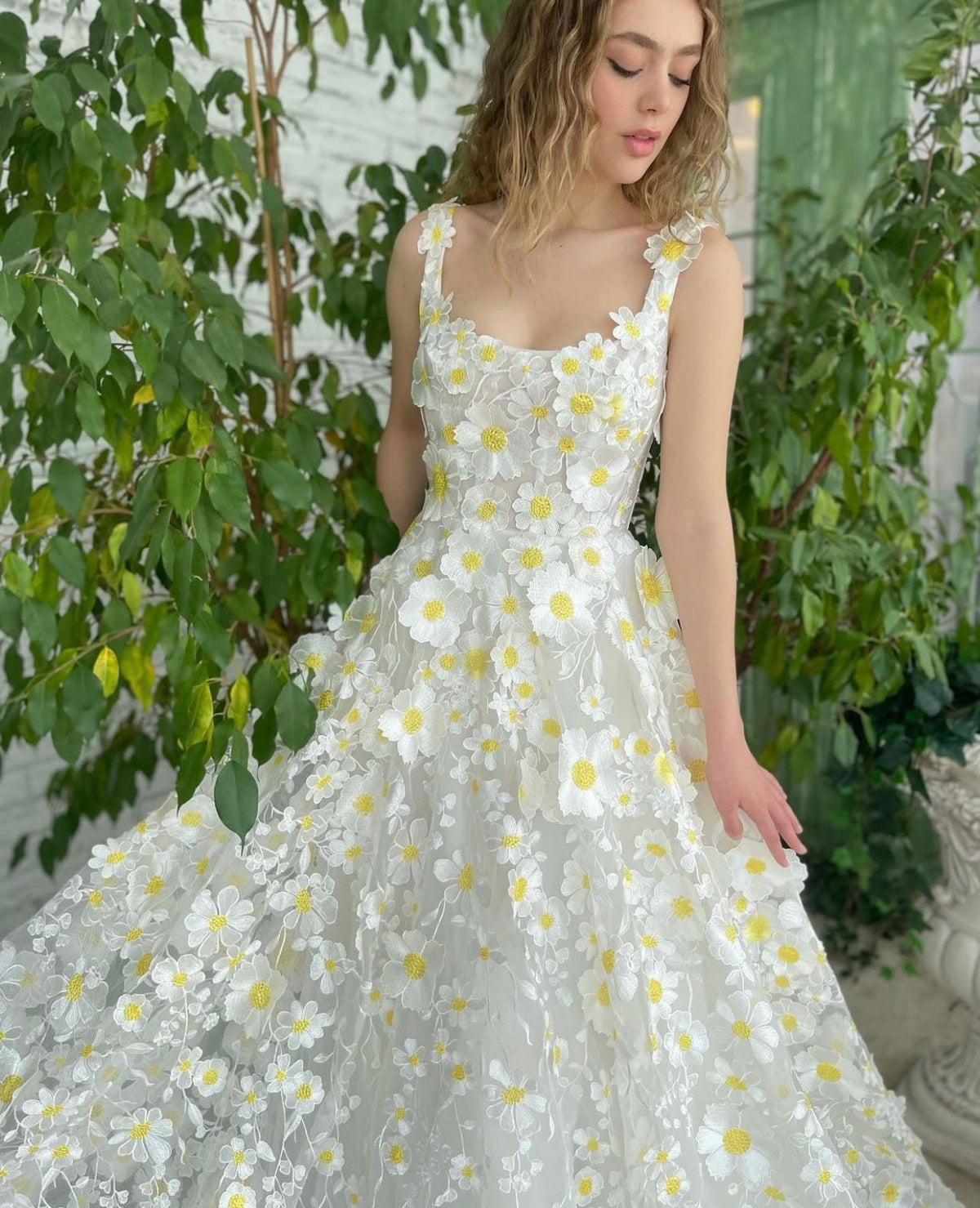 White A-Line dress with spaghetti straps, embroidery and flowers
