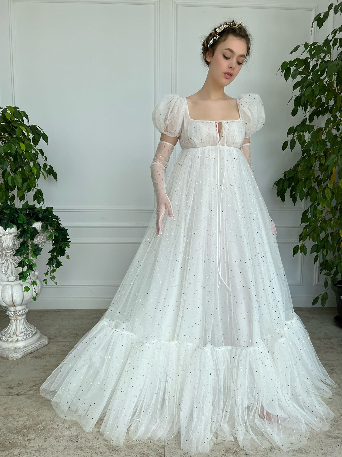 Sheath bridal dress with gold stars, cap sleeves and gloves