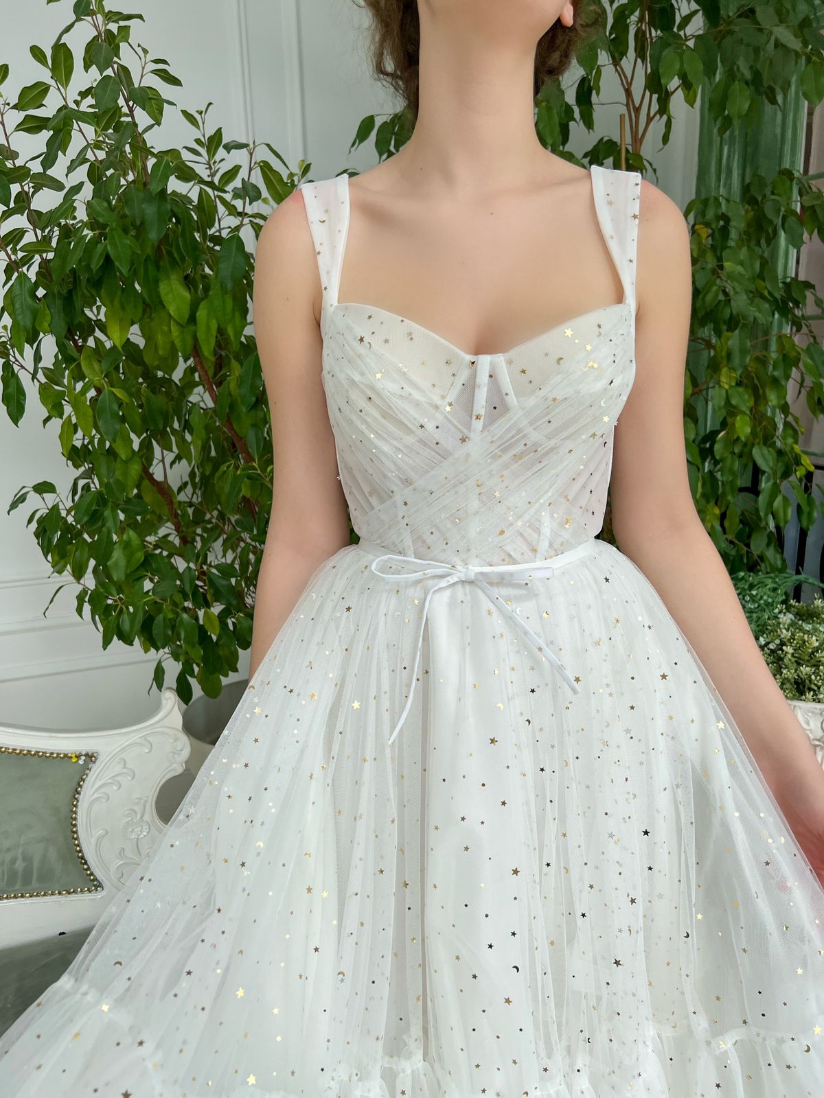 Midi white bridal dress with gold stars and straps