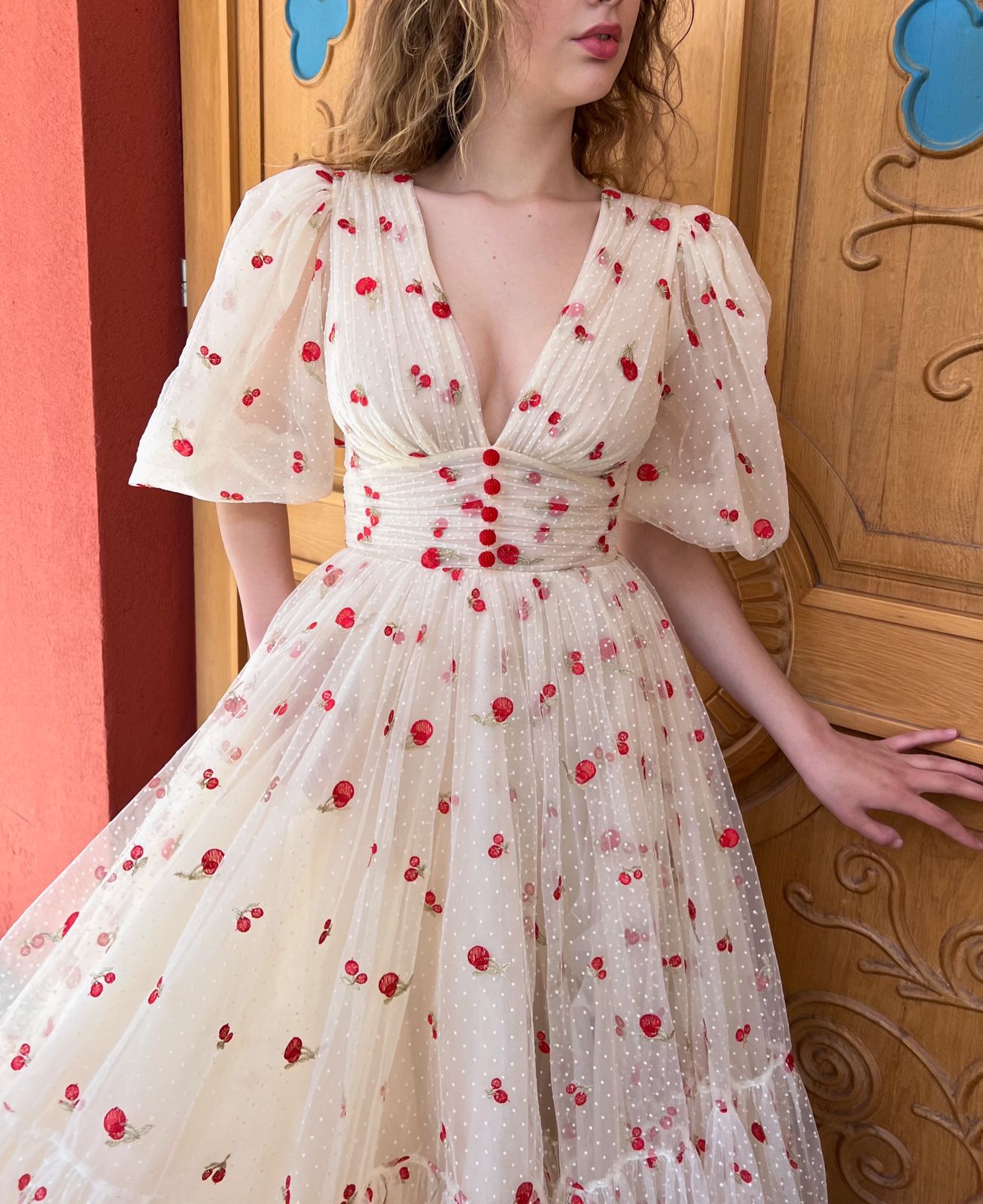Beige midi dress with v-neck, cherries and short sleeves