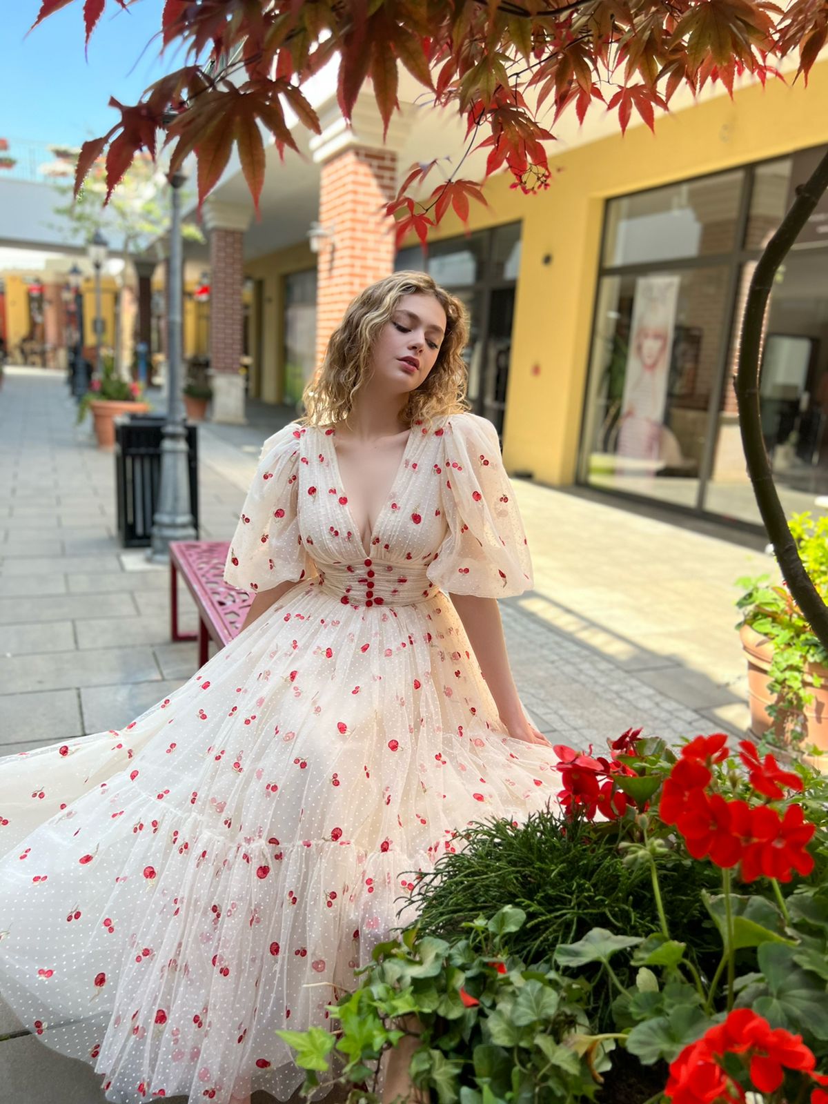 Beige midi dress with v-neck, cherries and short sleeves