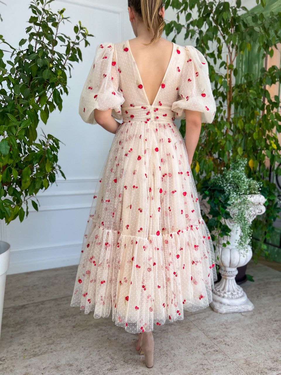 Beige midi dress with v-neck, cherries and short sleeves
