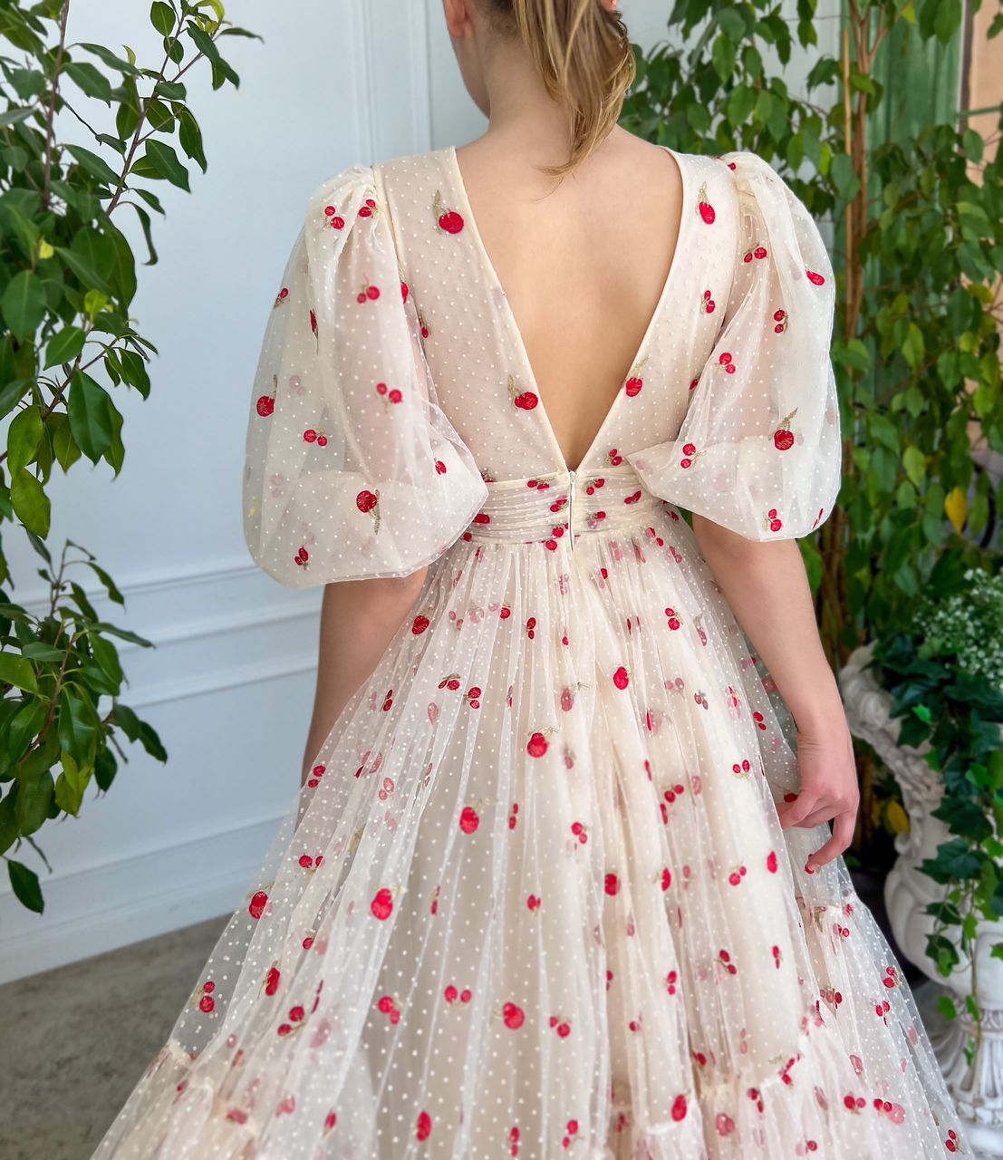 Beige midi dress with v-neck, cherries and short sleeves