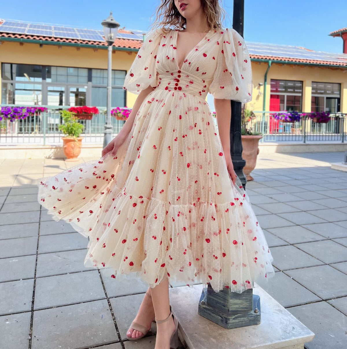 Beige midi dress with v-neck, cherries and short sleeves