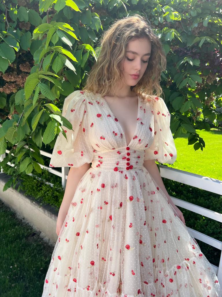 Beige midi dress with v-neck, cherries and short sleeves