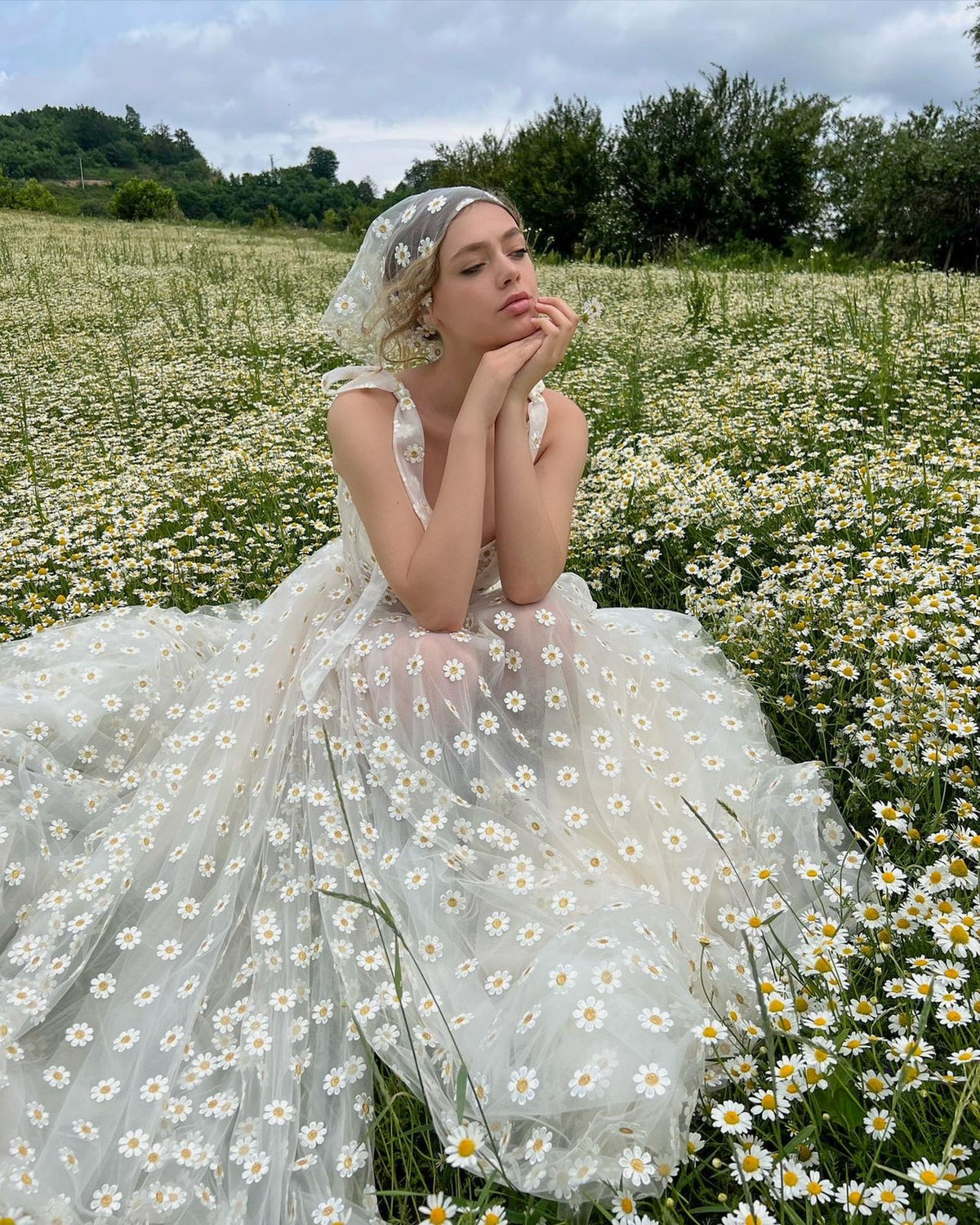 A Line white bridal dress with daisies, straps and scarf