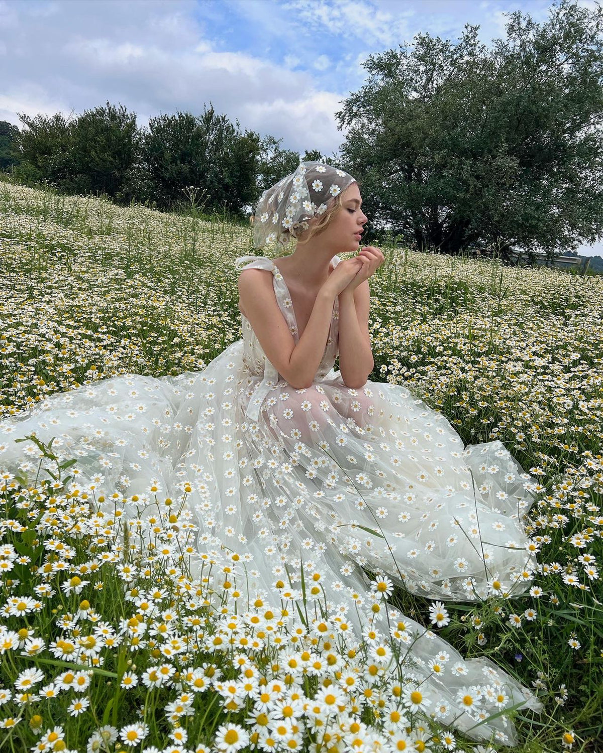 A Line white bridal dress with daisies, straps and scarf