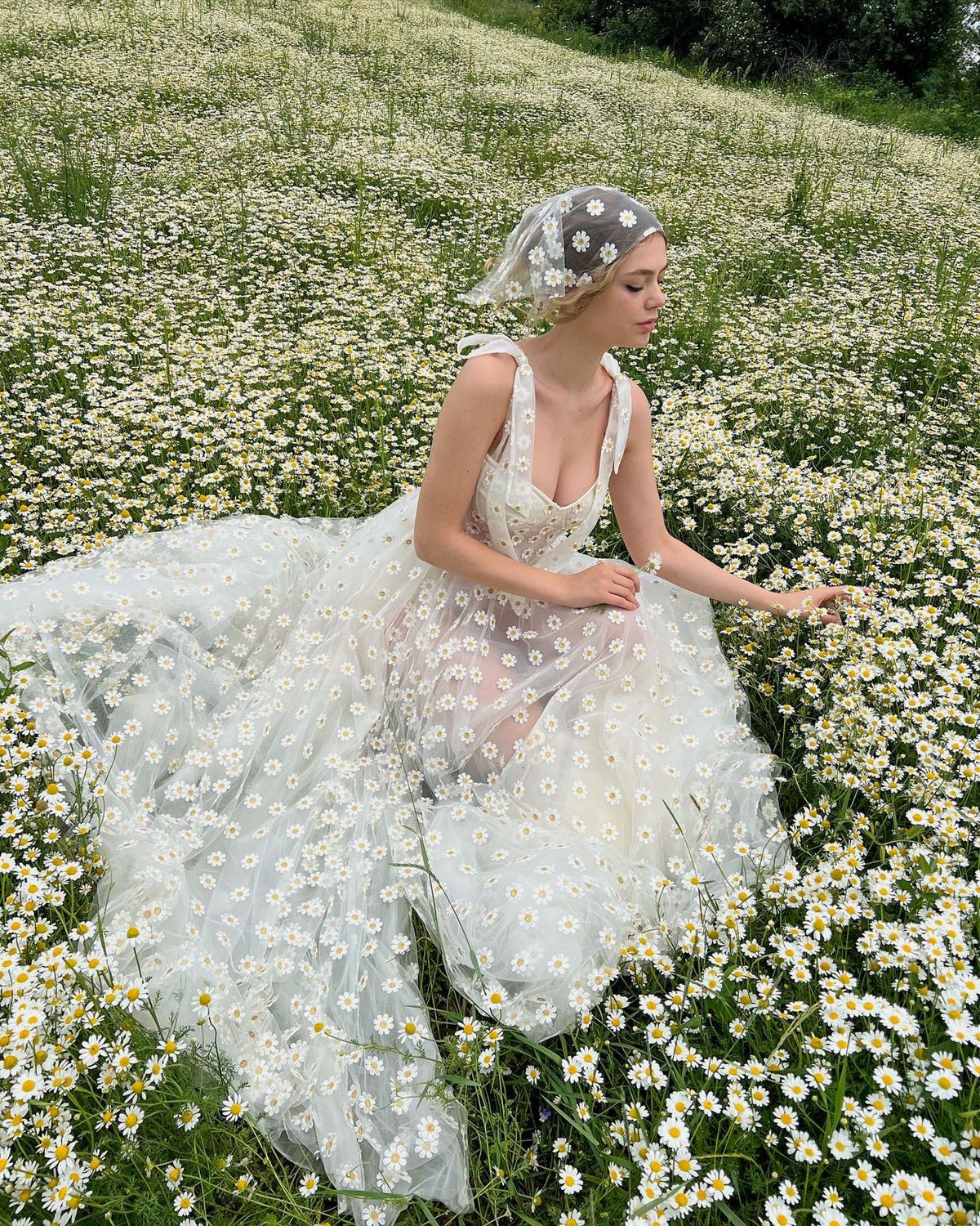 A Line white bridal dress with daisies, straps and scarf