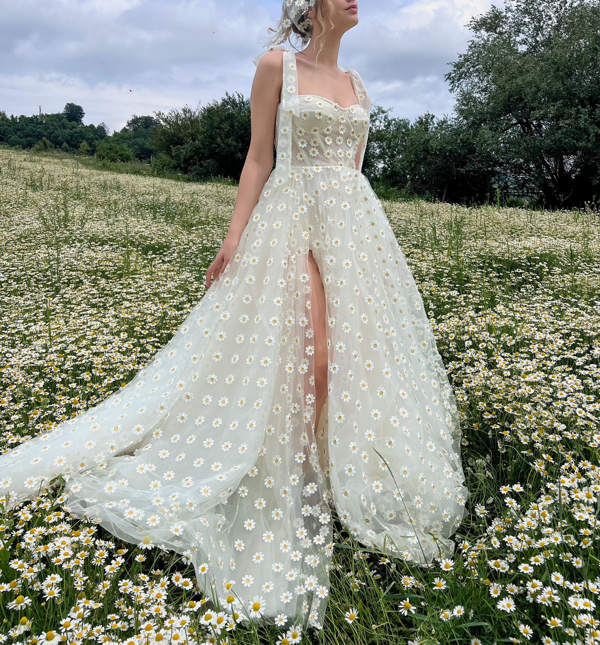 A Line white bridal dress with daisies, straps and scarf