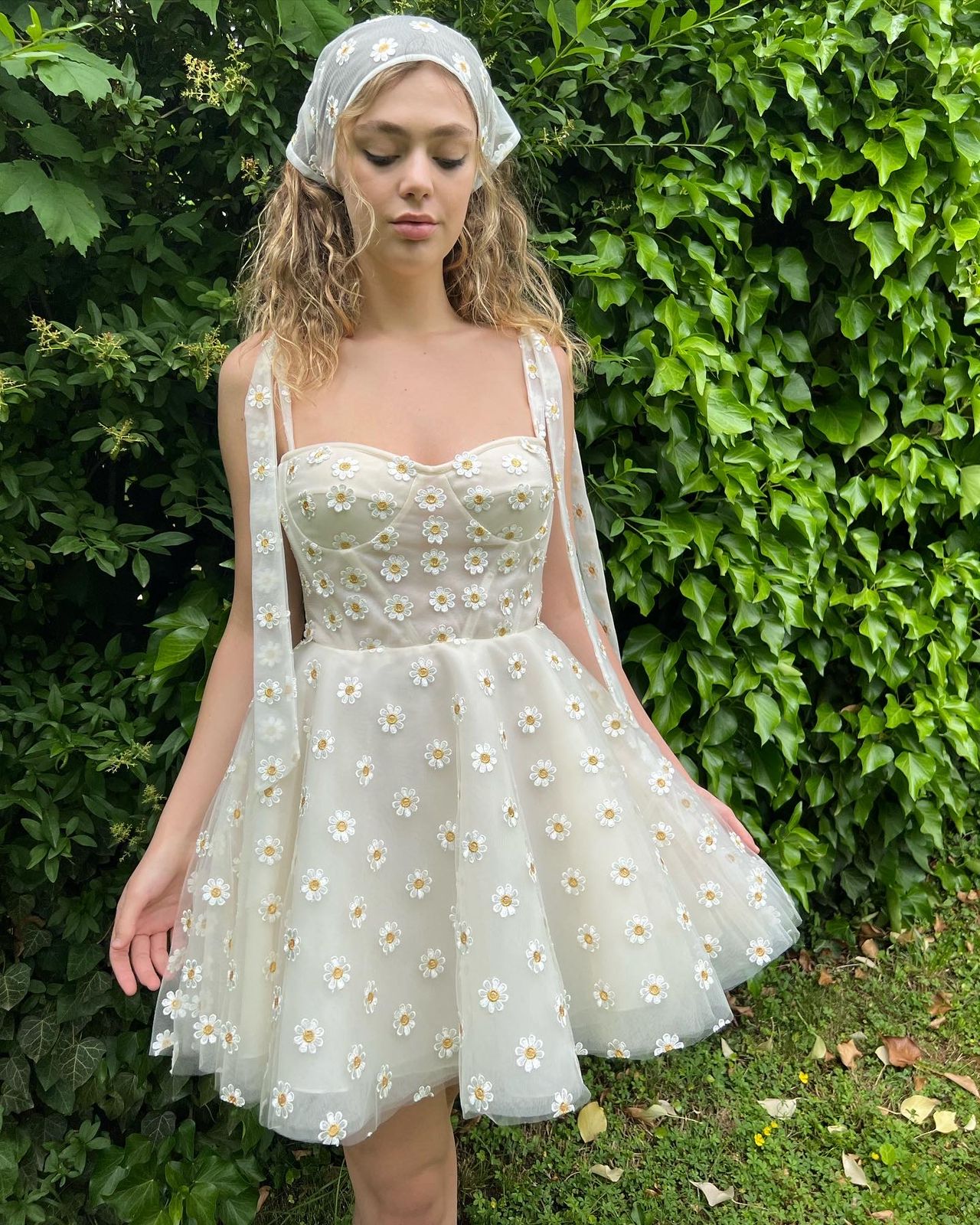 White mini dress with daisies and spaghetti straps