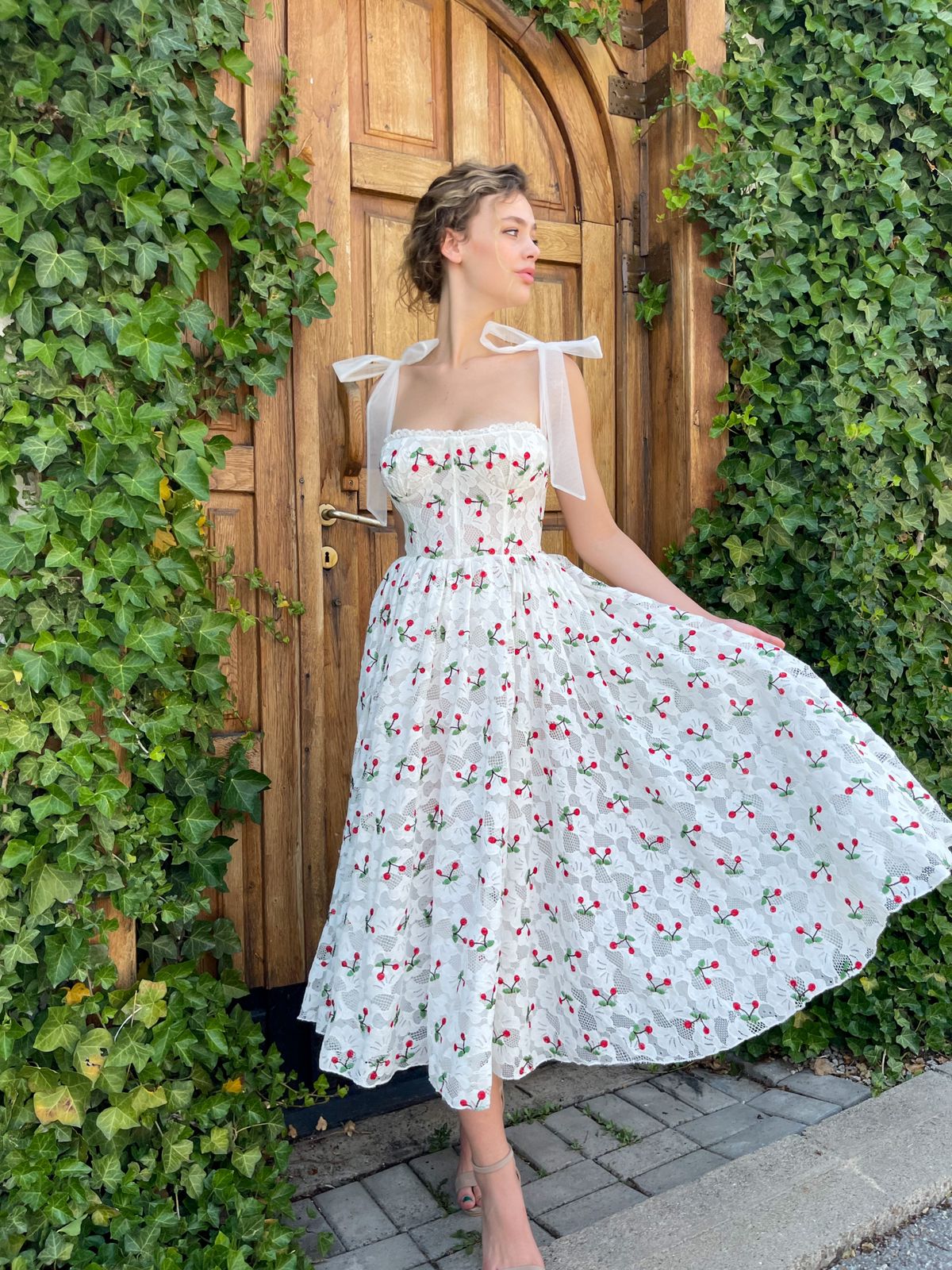 Midi white bridal dress with cherries and straps
