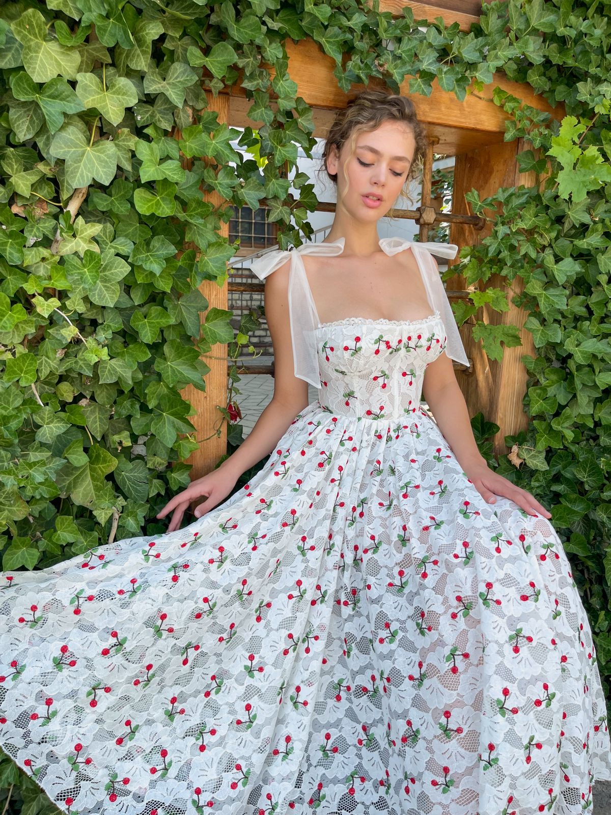 Midi white bridal dress with cherries and straps