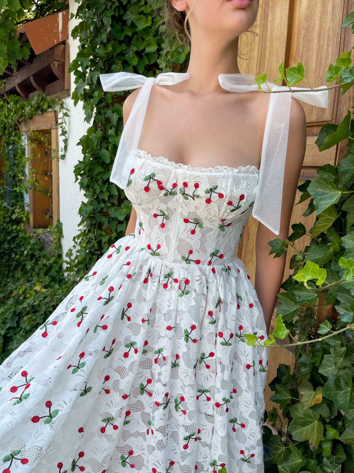 Midi white bridal dress with cherries and straps