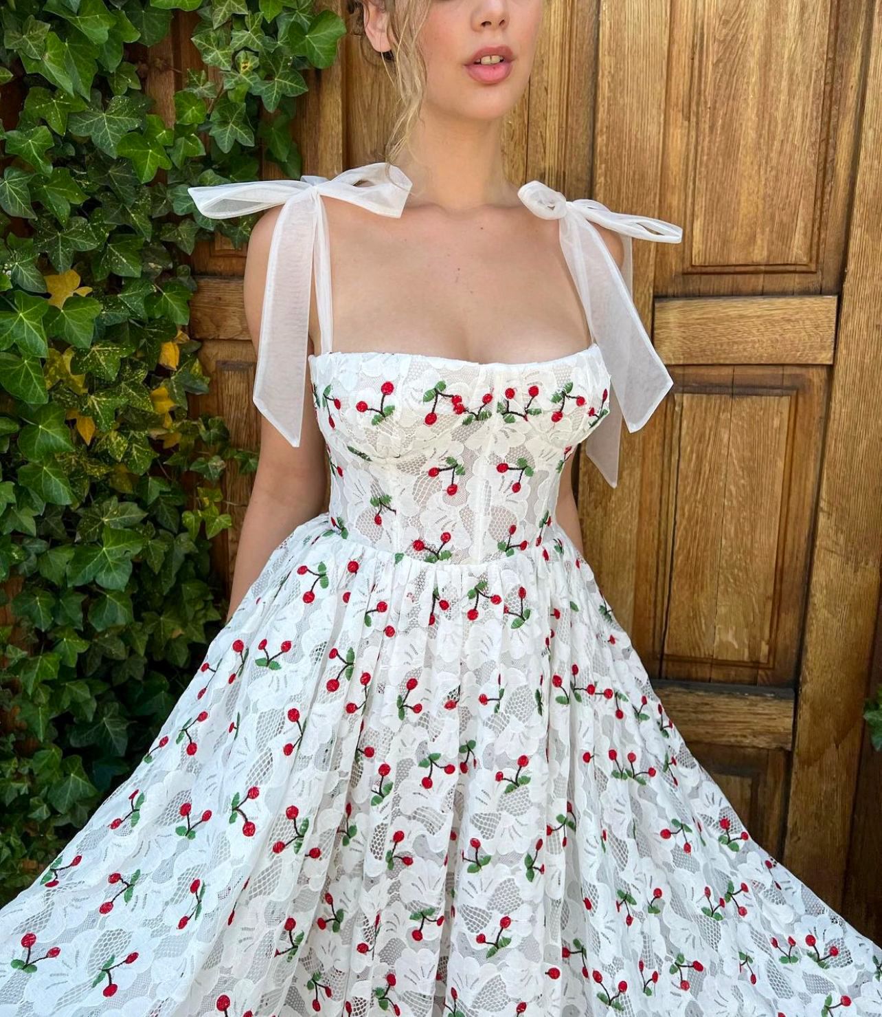 Midi white bridal dress with cherries and straps