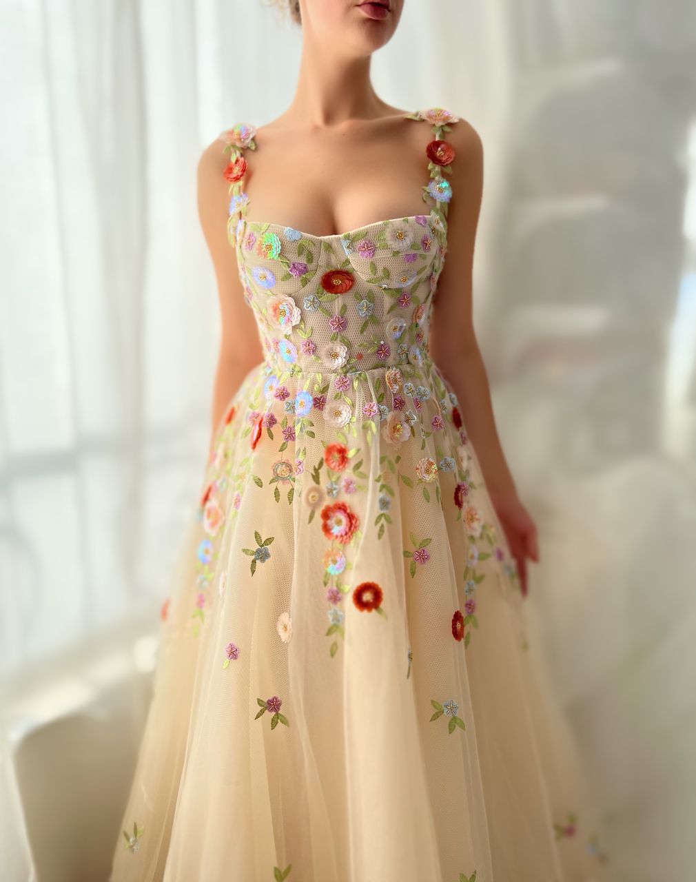 Beige A-Line dress with spaghetti straps, embroidery and flowers