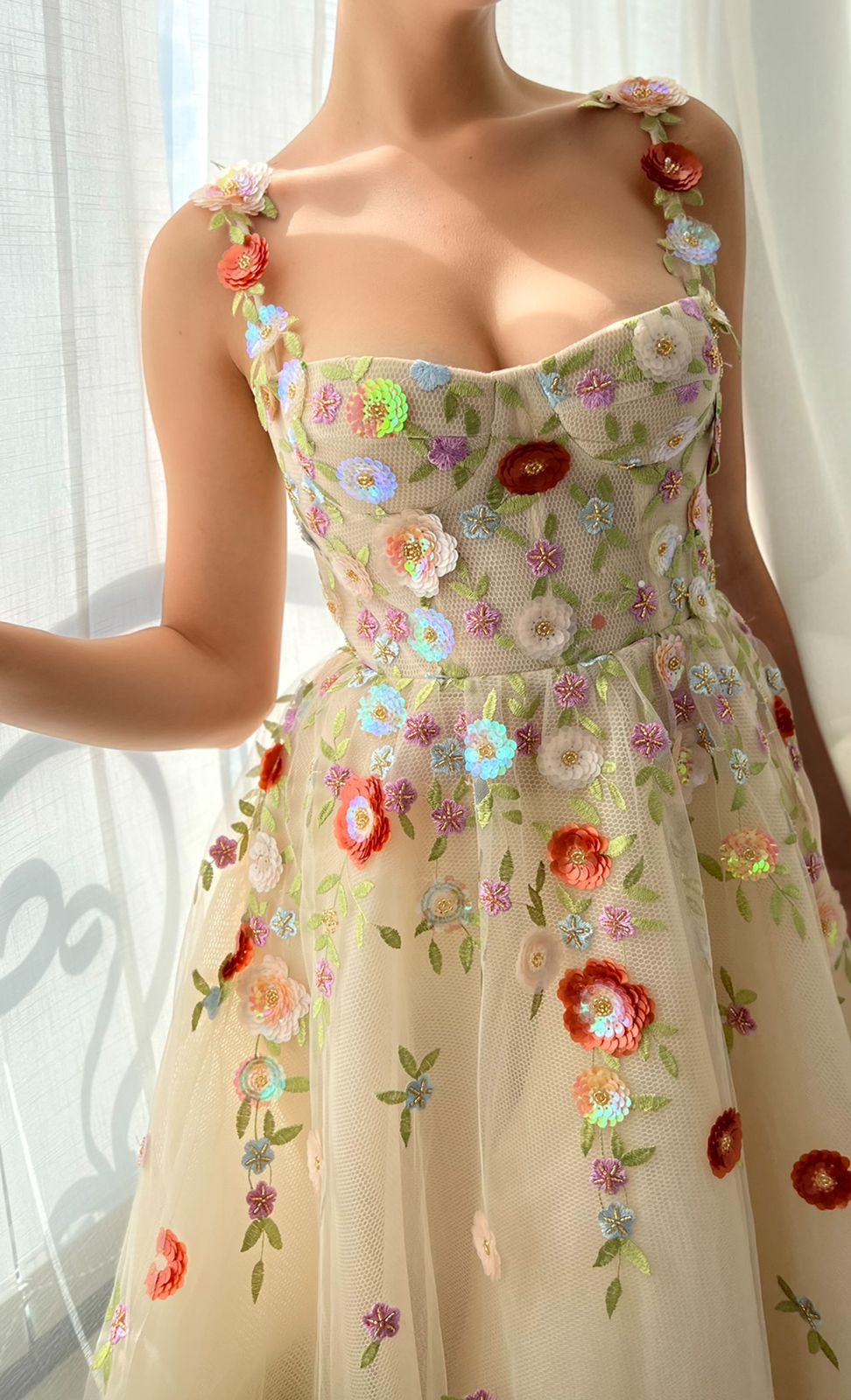 Beige A-Line dress with spaghetti straps, embroidery and flowers