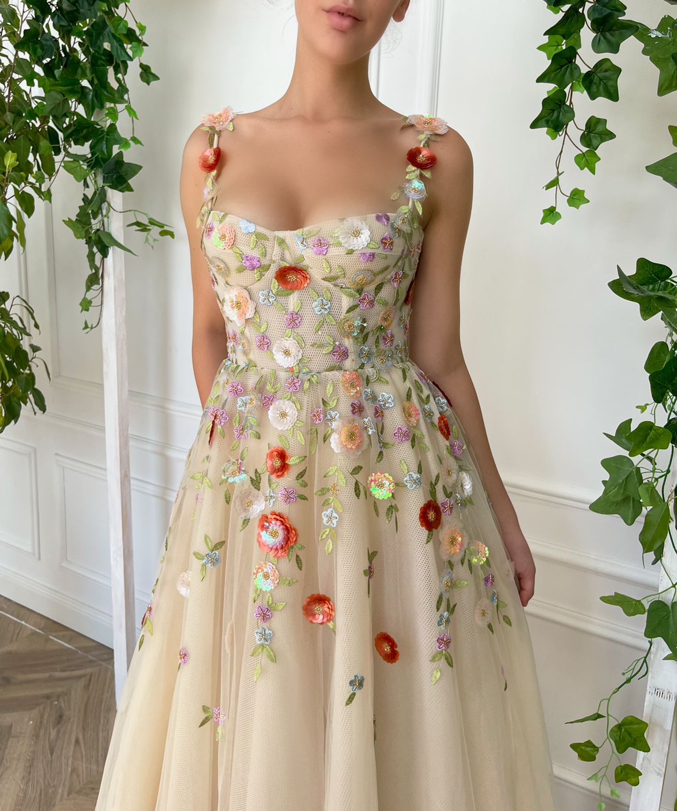 Beige A-Line dress with spaghetti straps, embroidery and flowers