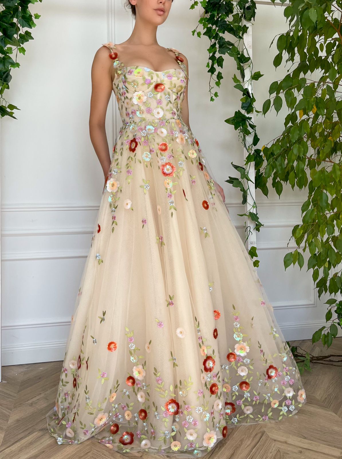 Beige A-Line dress with spaghetti straps, embroidery and flowers