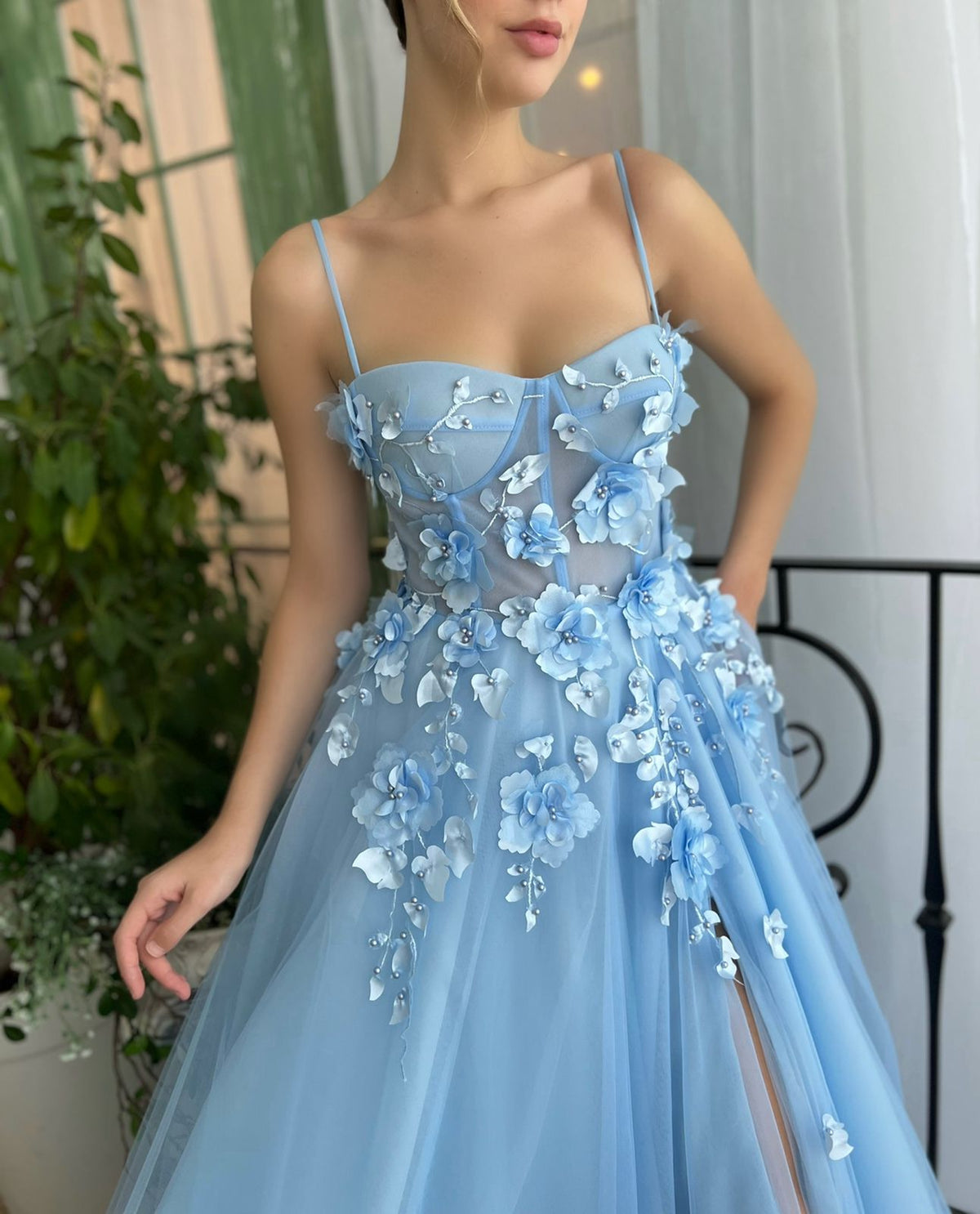 Blue A-Line dress with spaghetti straps, embroidery and flowers