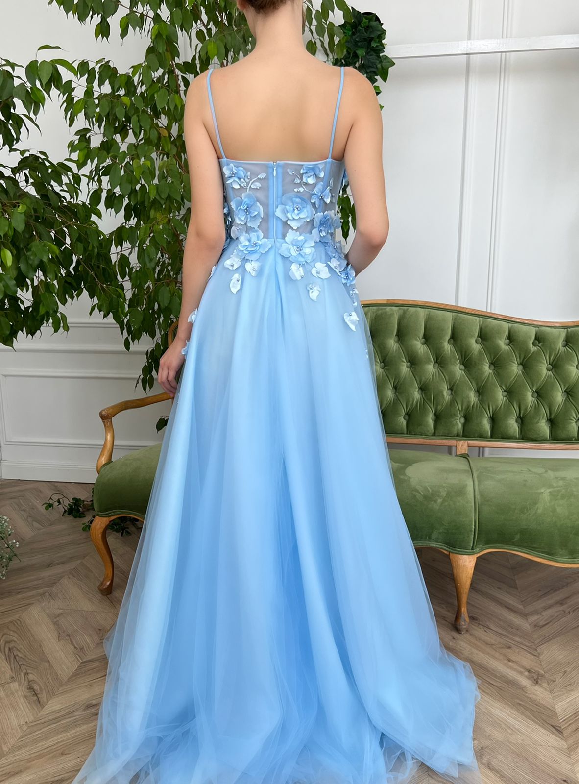 Blue A-Line dress with spaghetti straps, embroidery and flowers