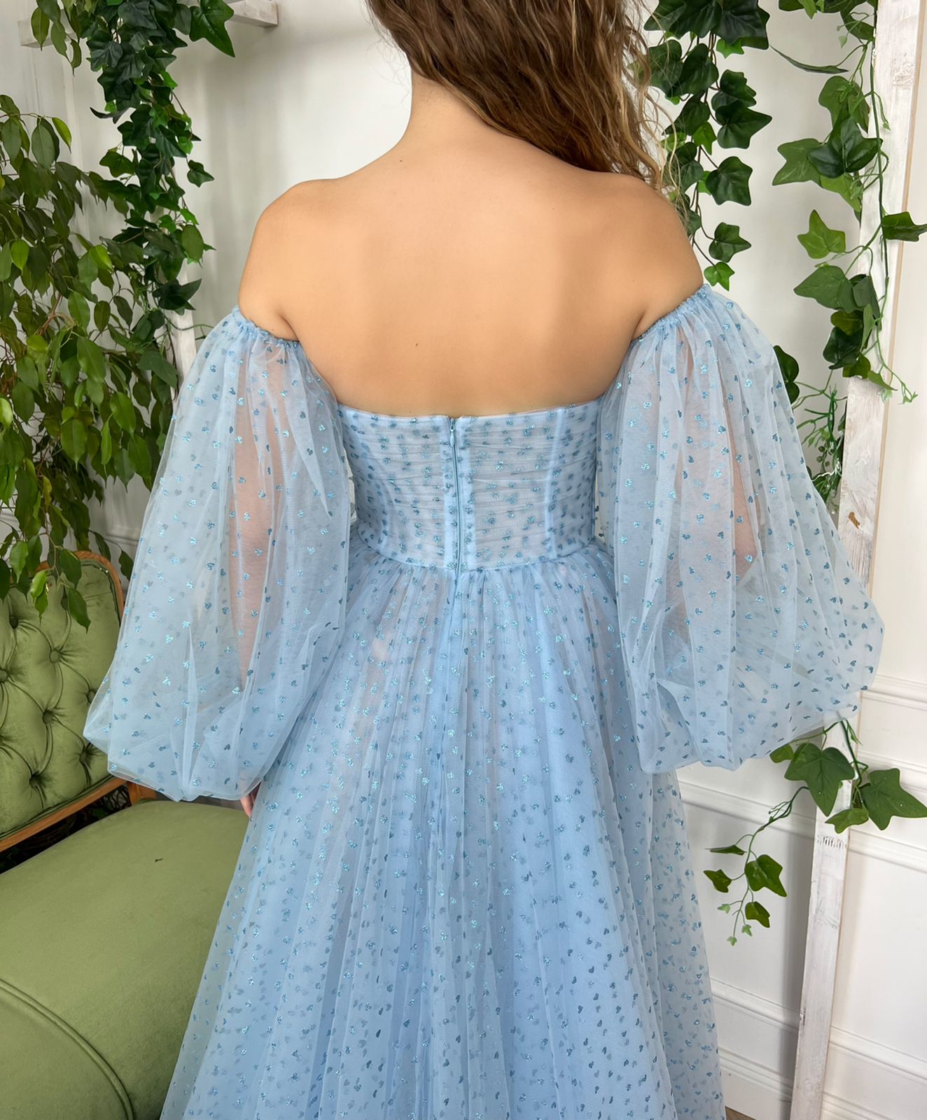 Blue A-Line dress with long off the shoulder sleeves and hearty fabric