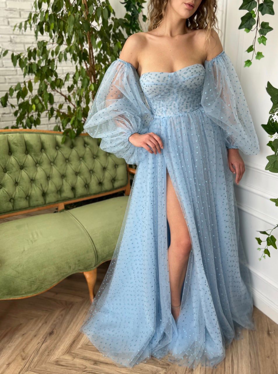 Blue A-Line dress with long off the shoulder sleeves and hearty fabric