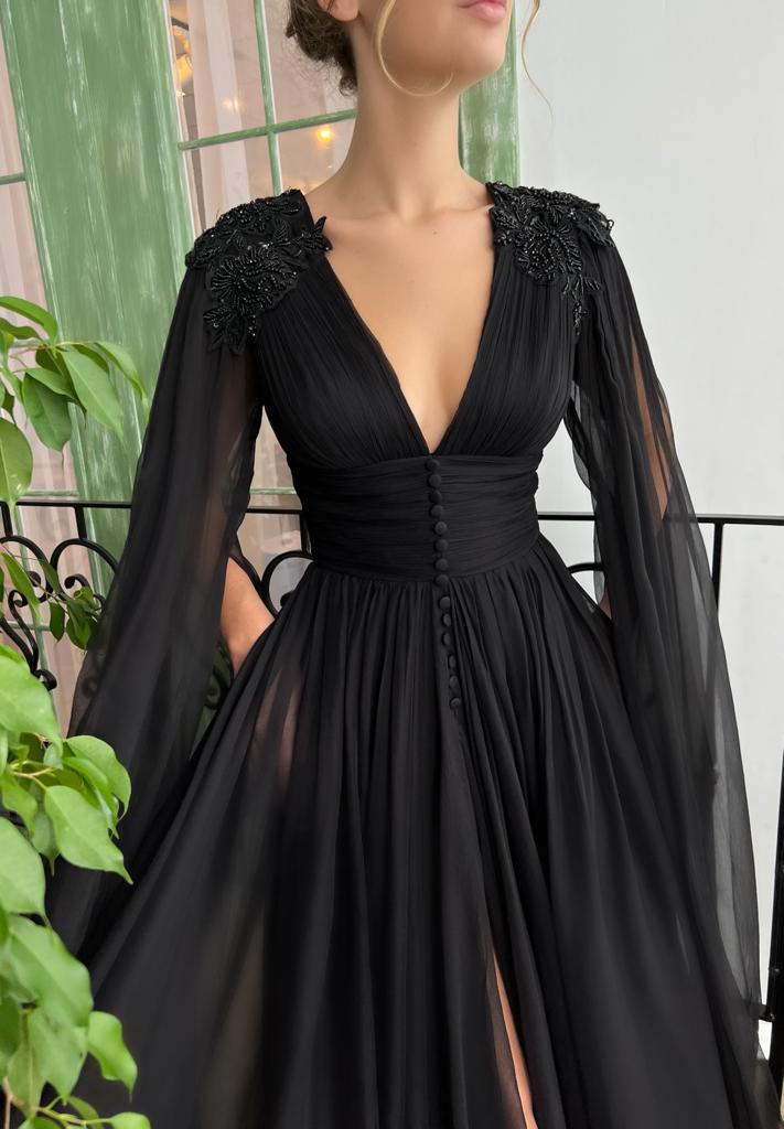 Black A-Line dress with v-neck, long sleeves and embroidery