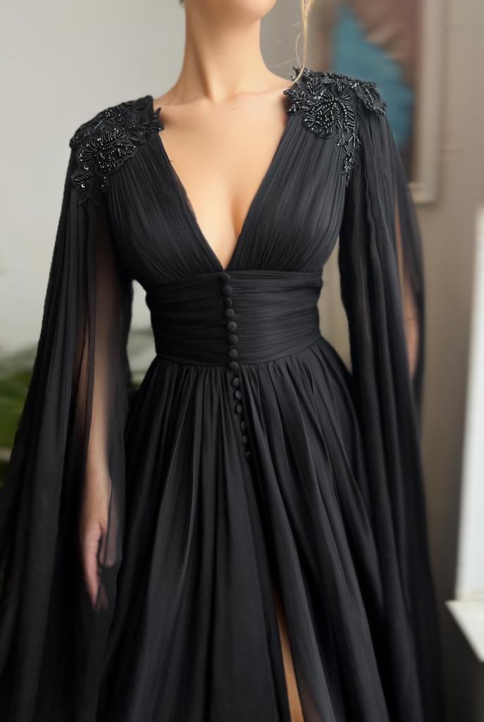 Black A-Line dress with v-neck, long sleeves and embroidery