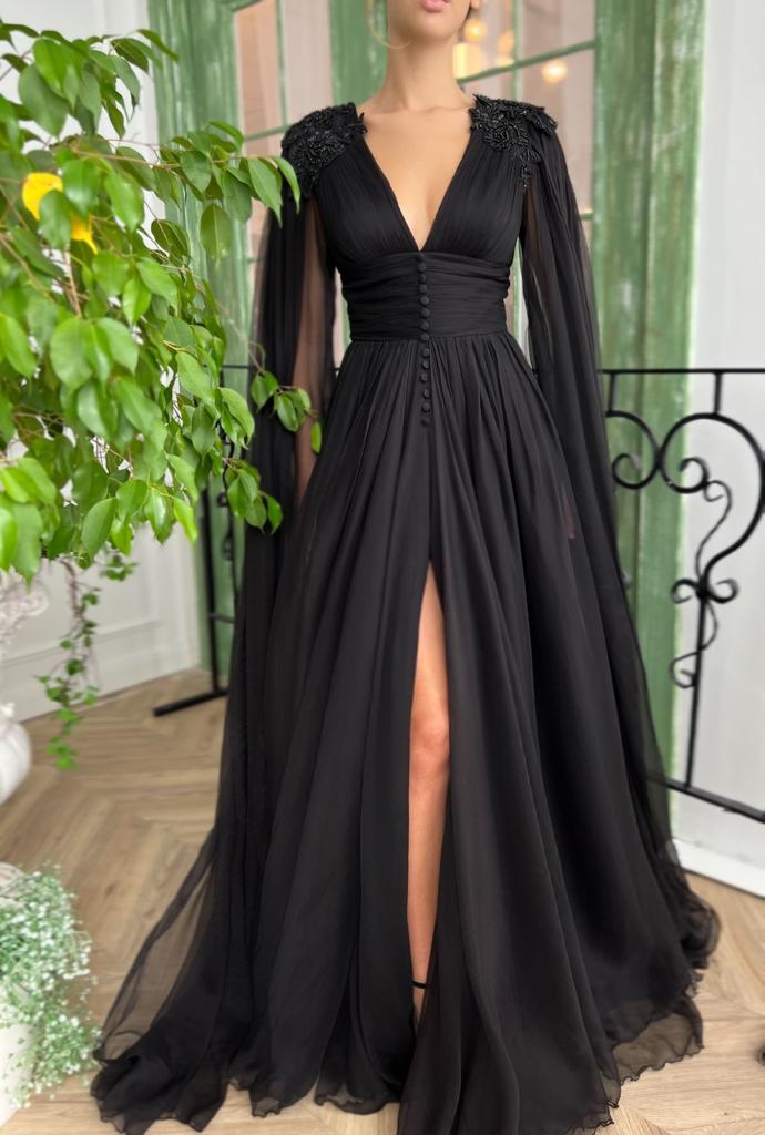 Black A-Line dress with v-neck, long sleeves and embroidery