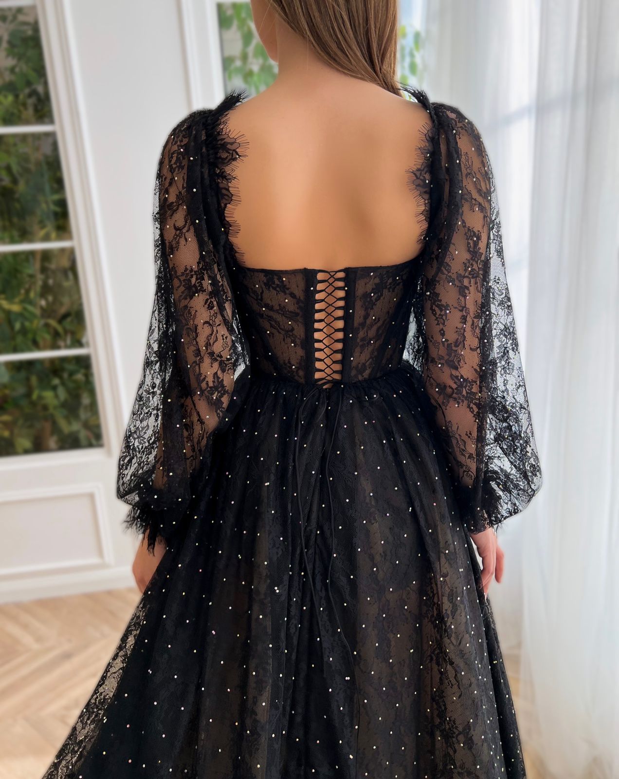 black a line dress with sleeves A-Line long sleeves Tulle Lace Black Long Prom Dress, Black Lace Long
