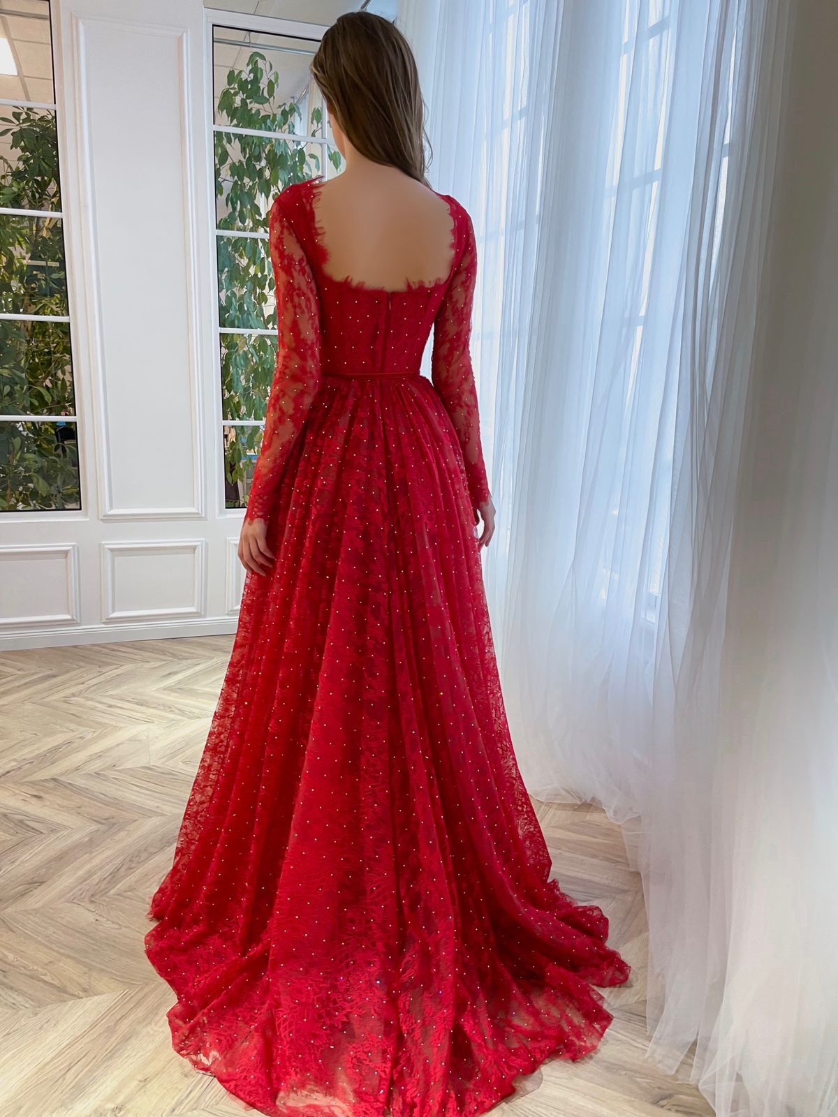 Red/Black Lace & Satin Sheer Long Sleeve Prom Dress - Promfy