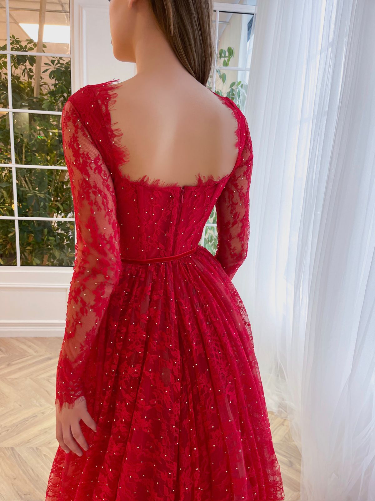 Red A-Line dress with long sleeves and lace