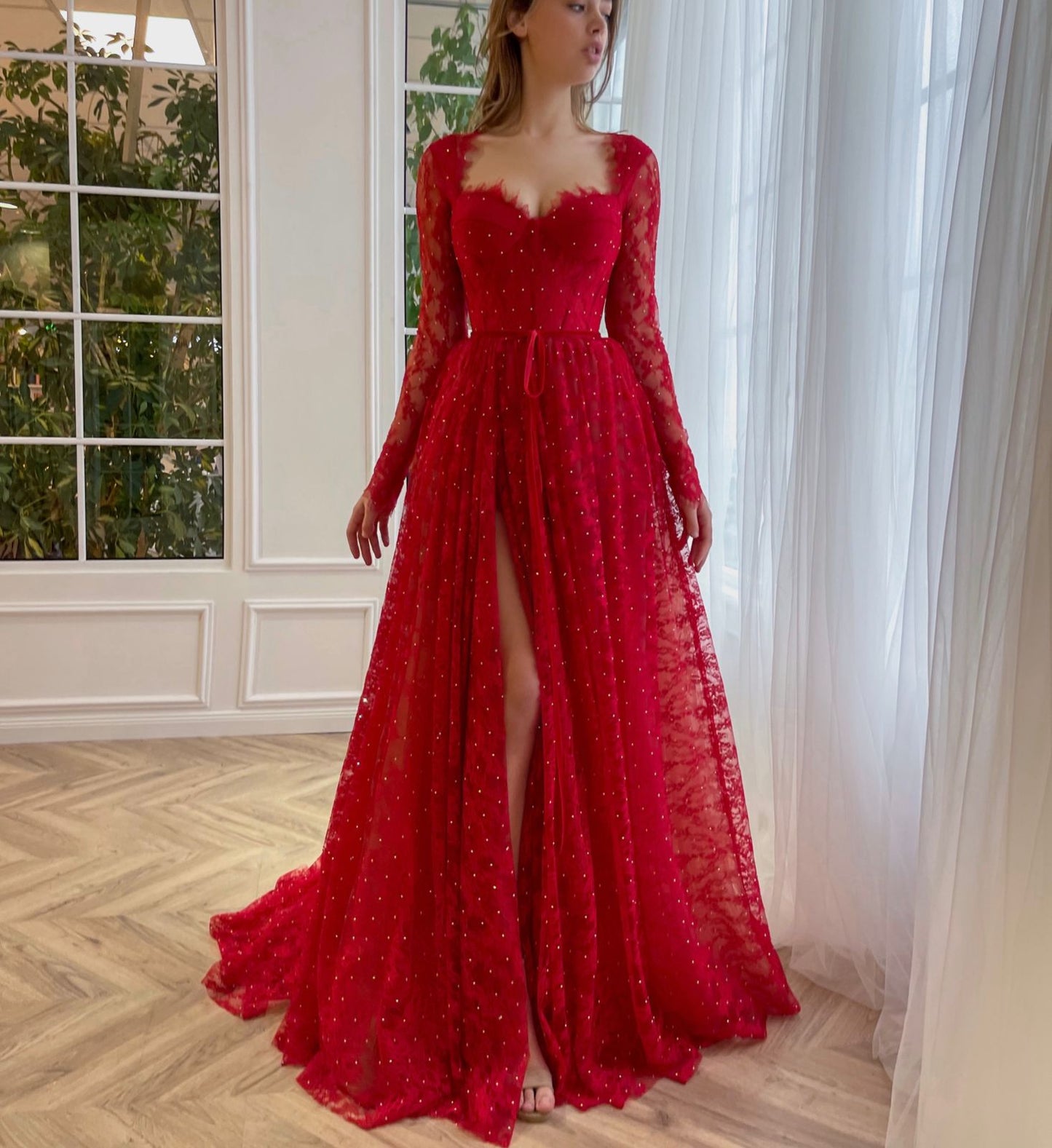 Red A-Line dress with long sleeves and lace