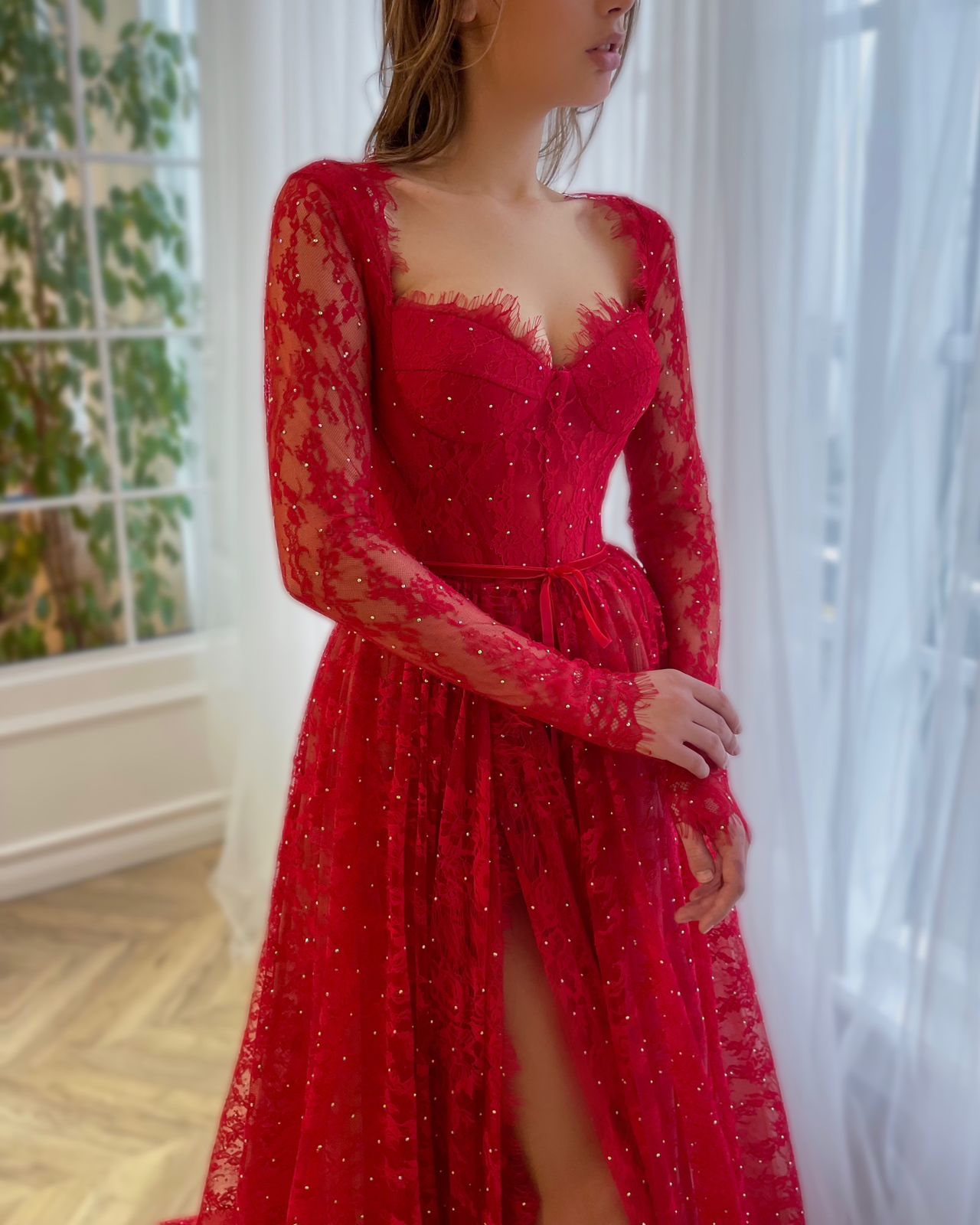 Red A-Line dress with long sleeves and lace