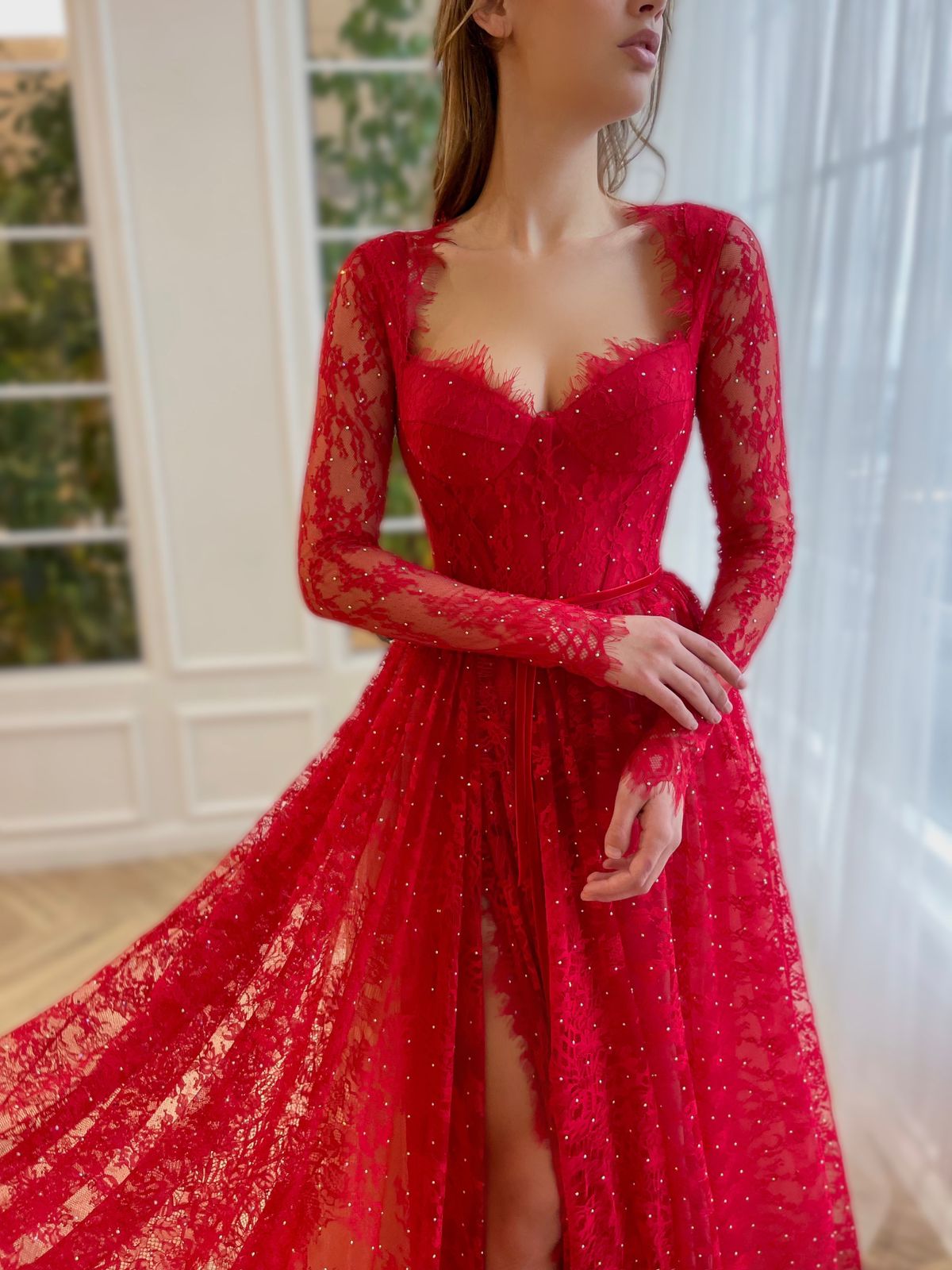 Red A-Line dress with long sleeves and lace