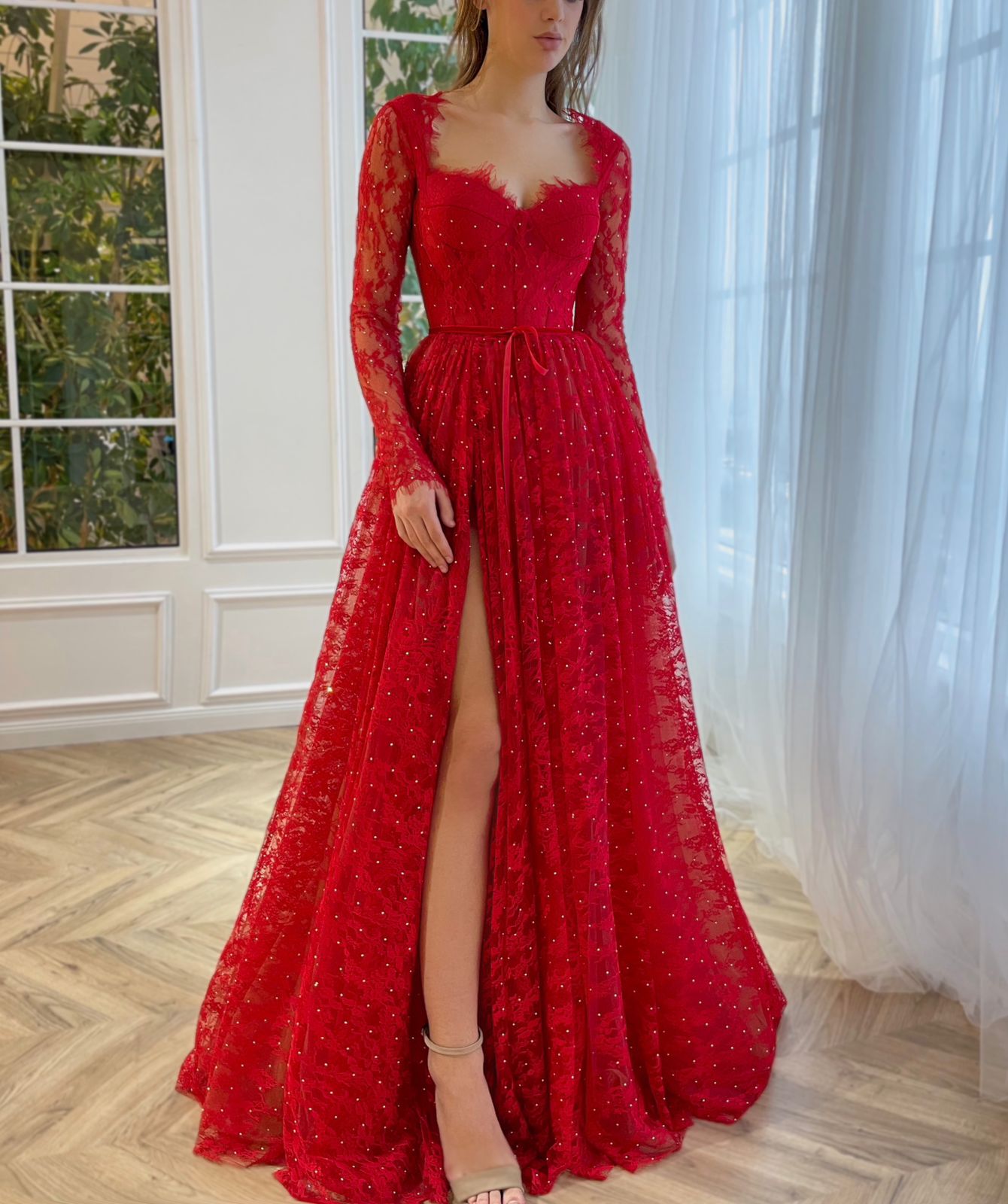Red A-Line dress with long sleeves and lace