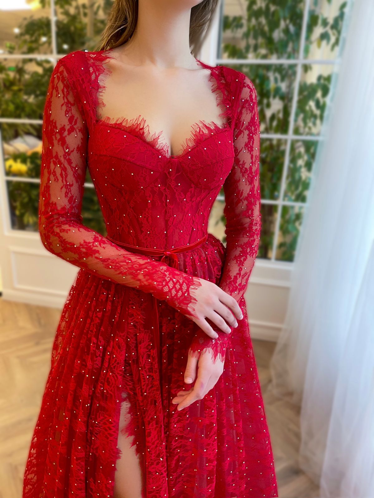 Red A-Line dress with long sleeves and lace