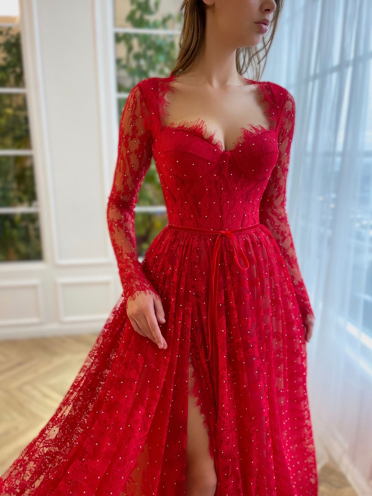 Red A-Line dress with long sleeves and lace