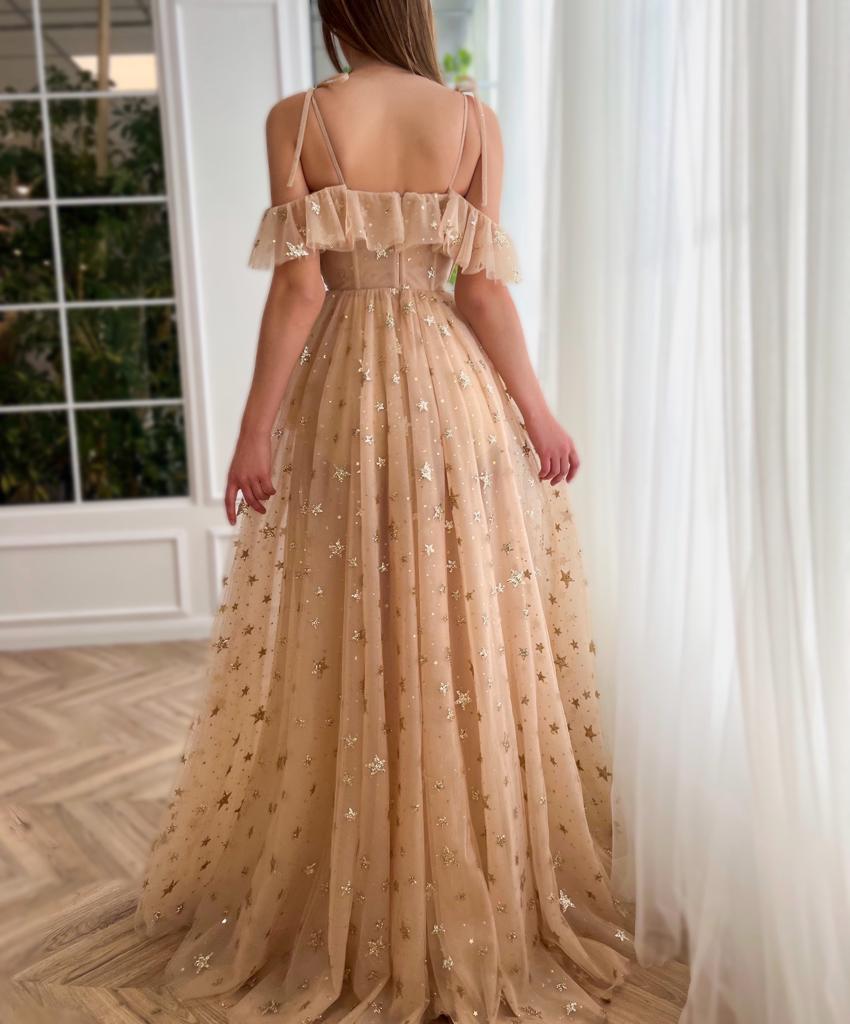 Beige A-Line dress with spaghetti straps, starry fabric and off the shoulder sleeves