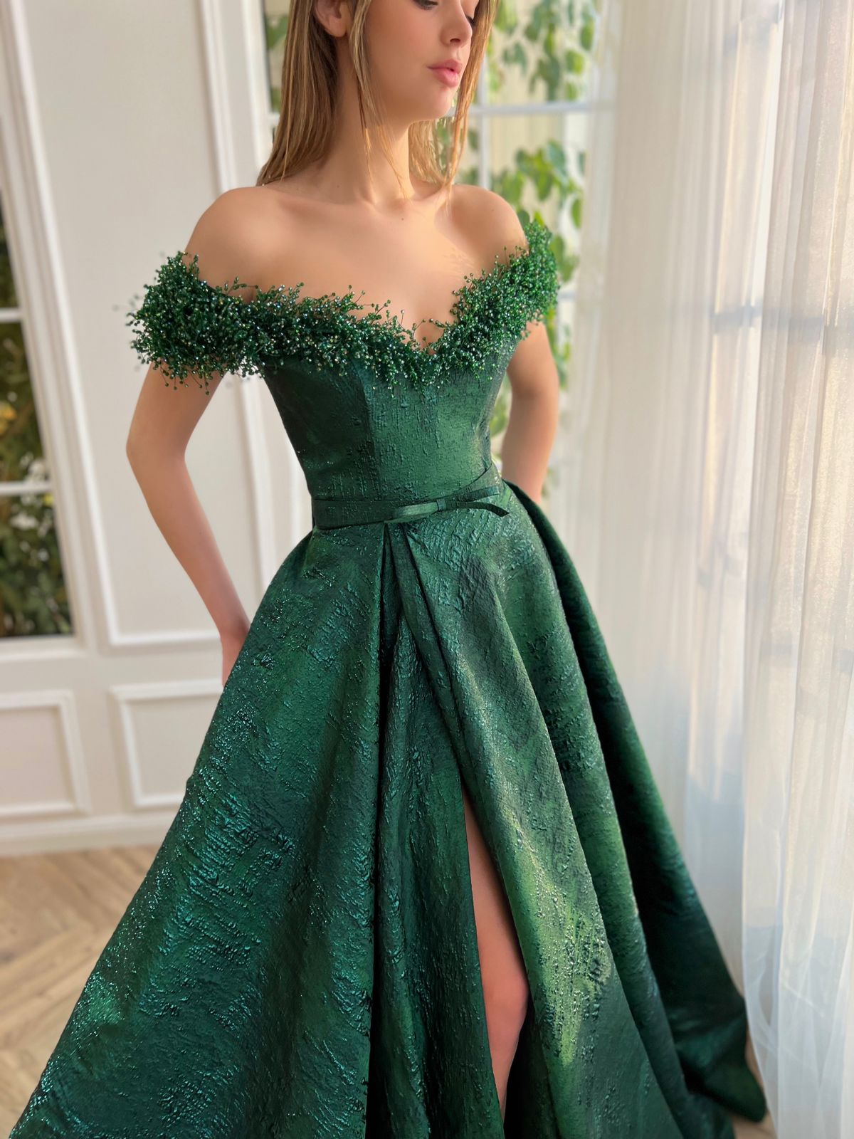 Green A-Line dress with off the shoulder sleeves and embroidery