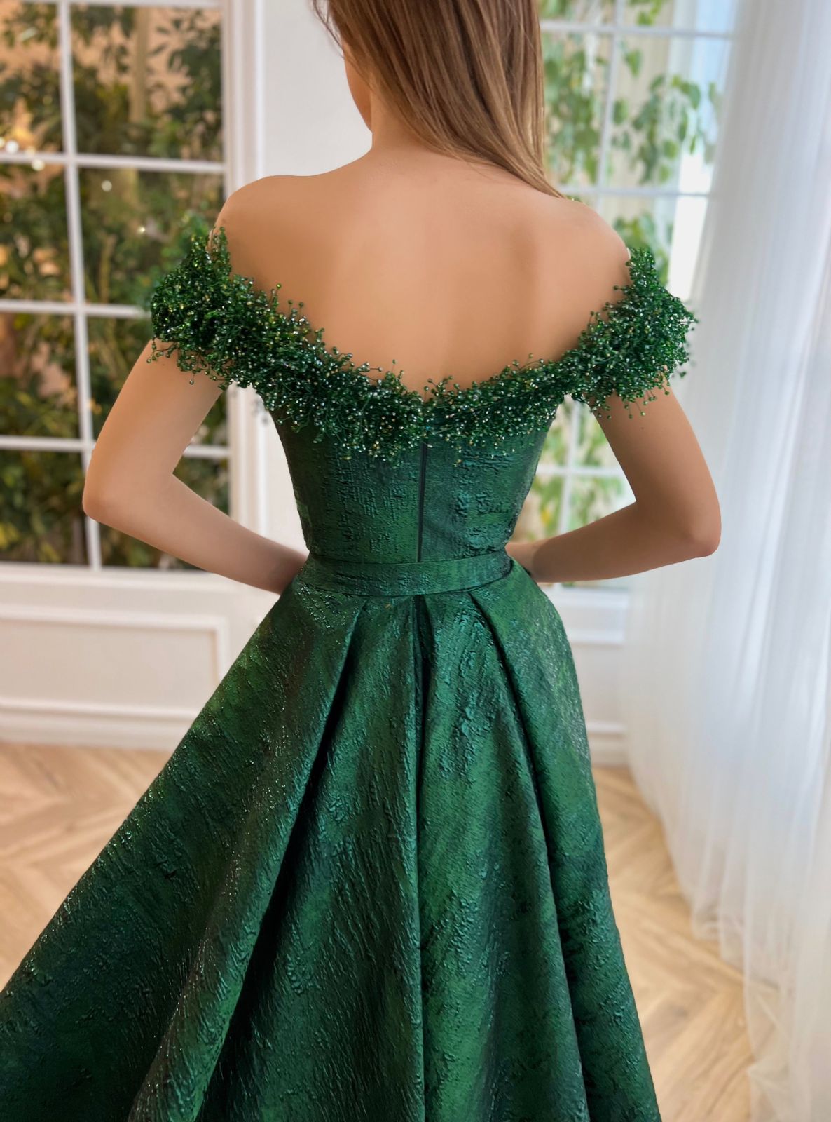 Green A-Line dress with off the shoulder sleeves and embroidery