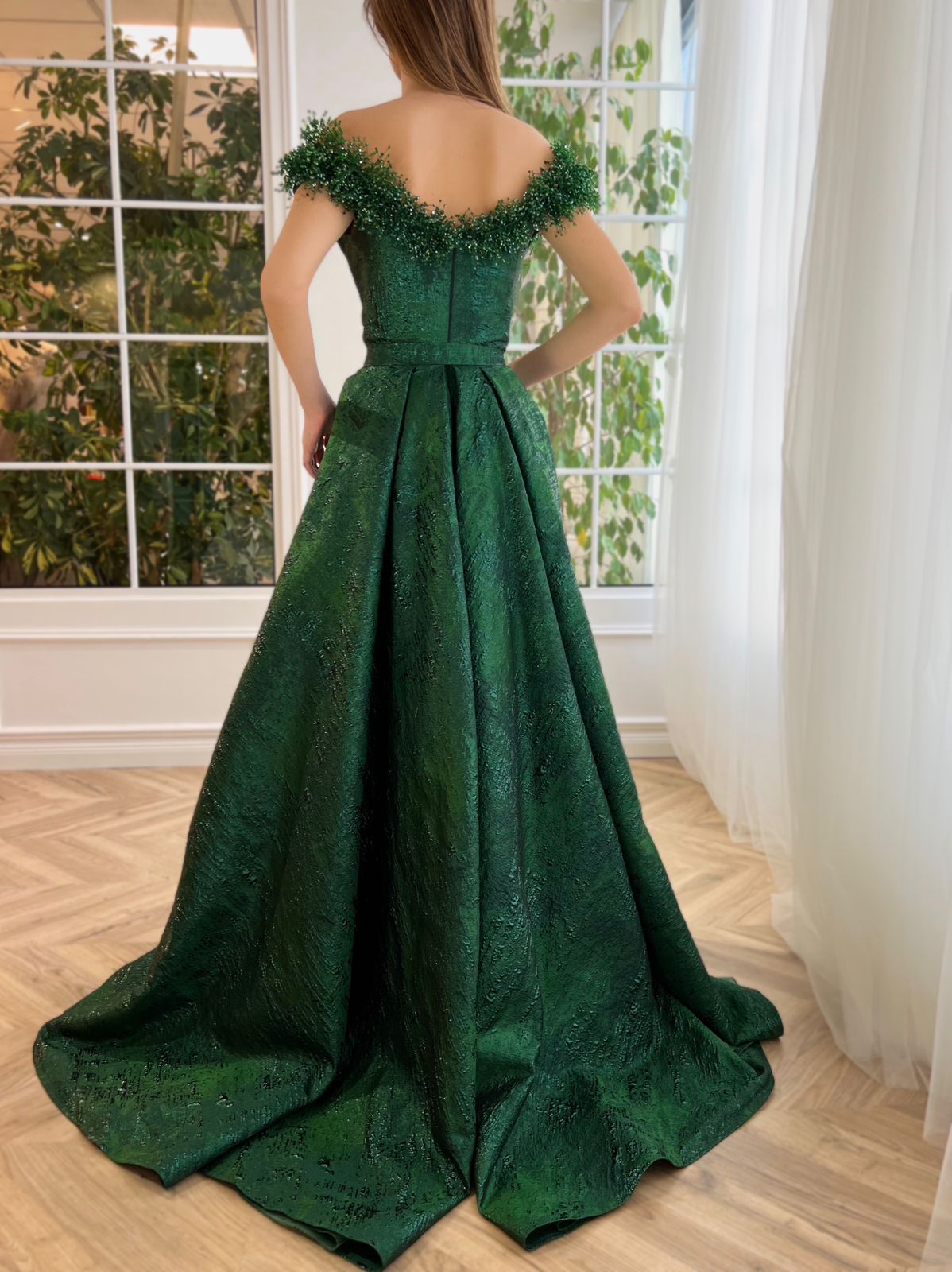 Green A-Line dress with off the shoulder sleeves and embroidery