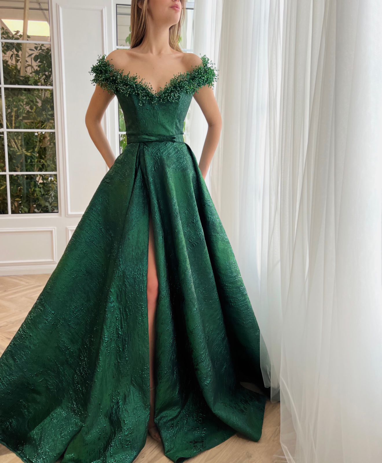 Green A-Line dress with off the shoulder sleeves and embroidery