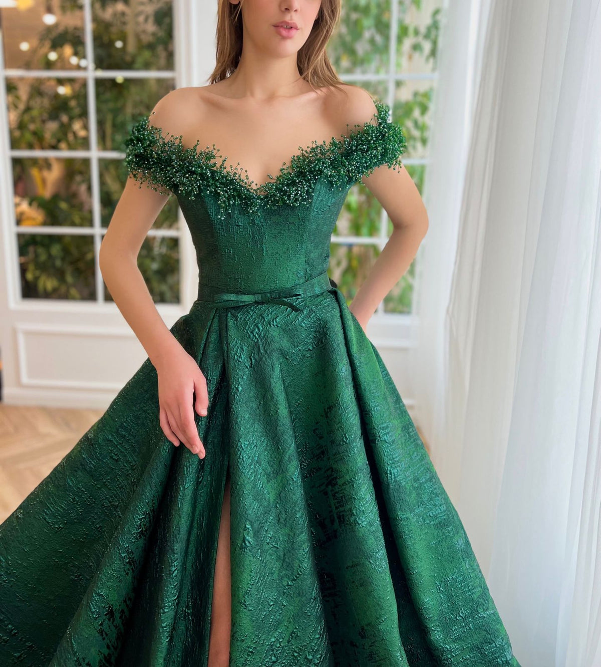 Green A-Line dress with off the shoulder sleeves and embroidery