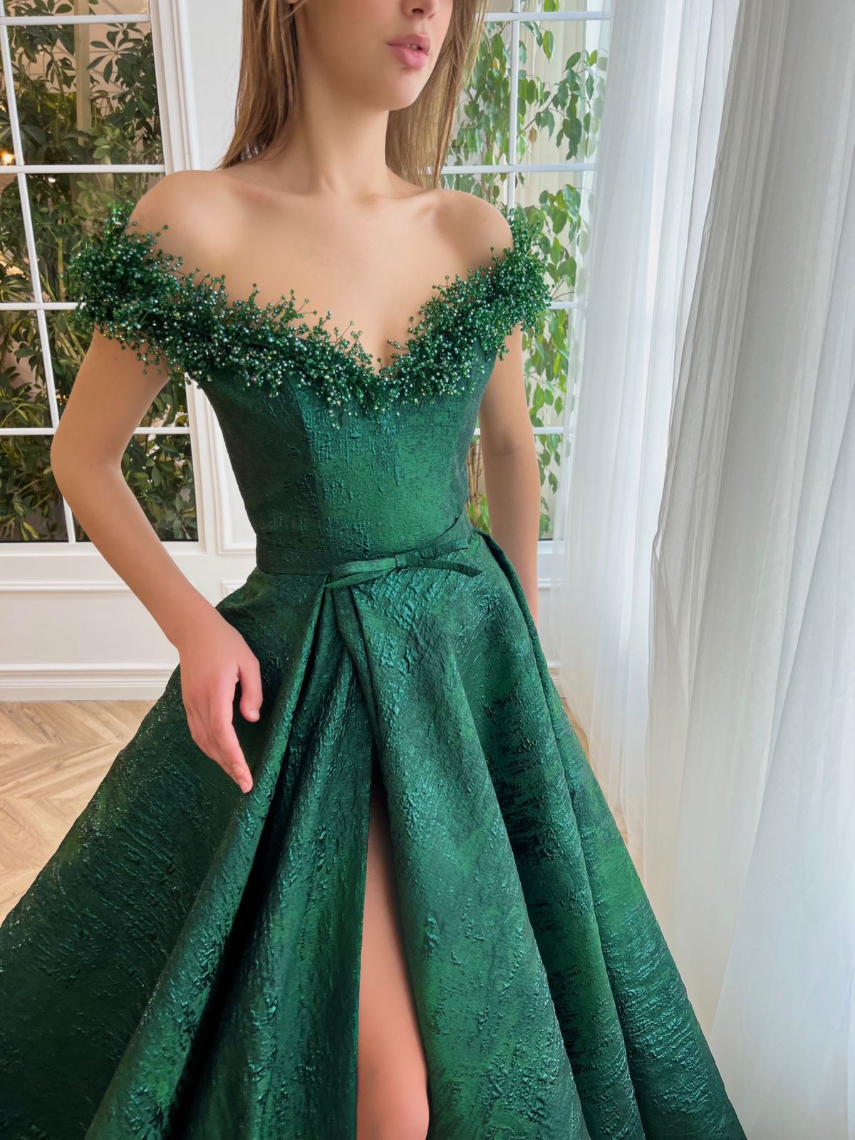 Green A-Line dress with off the shoulder sleeves and embroidery