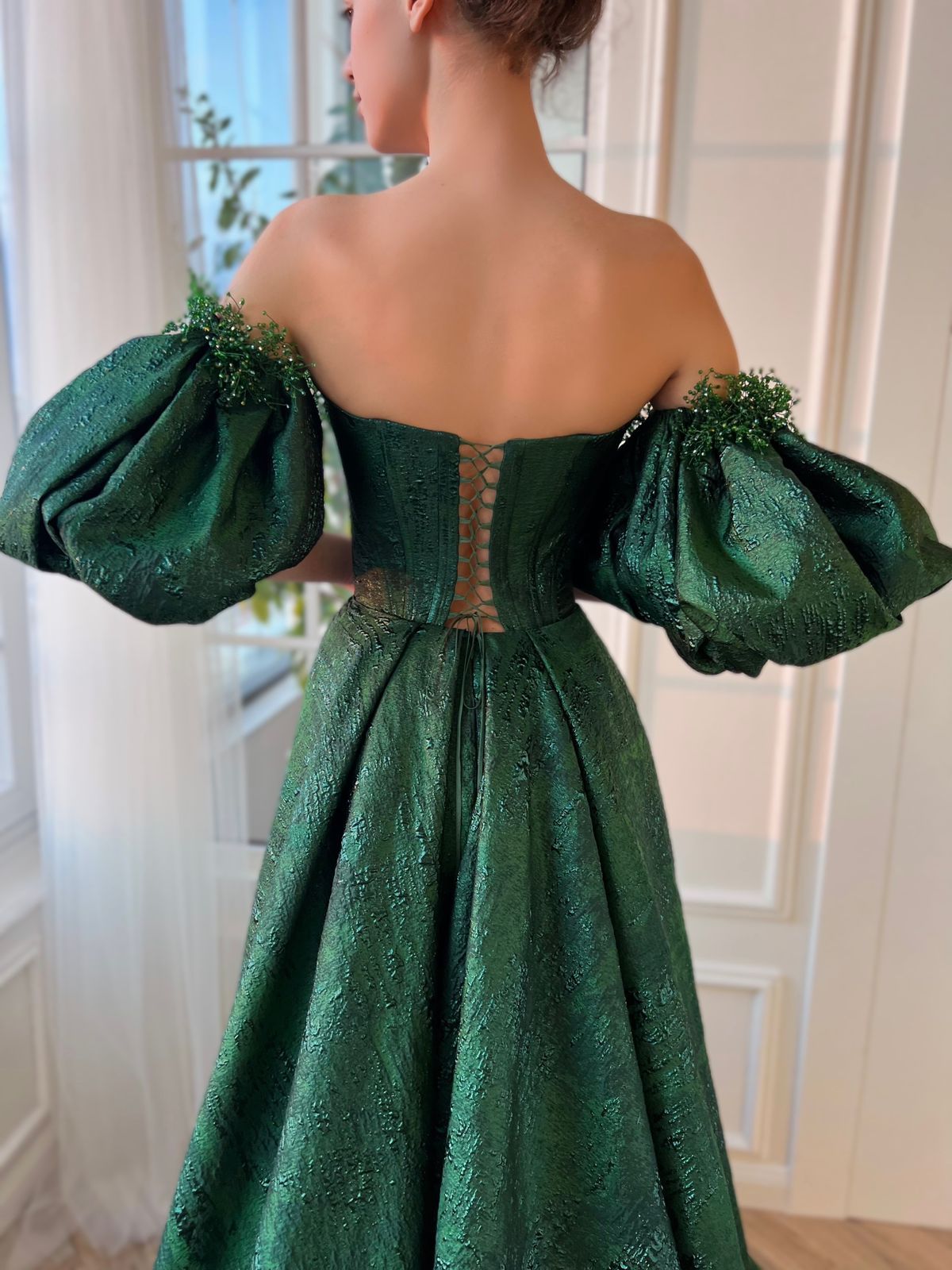 Green A-Line dress with off the shoulder sleeves and embroidery