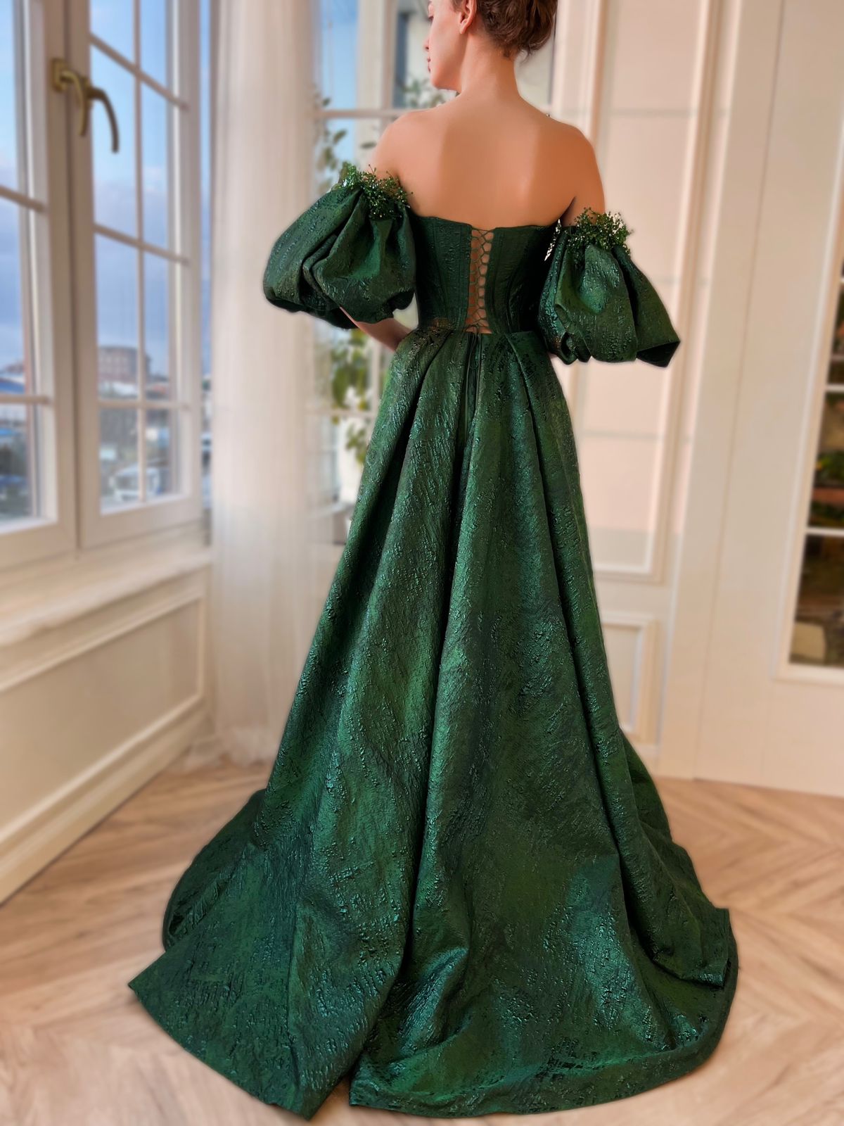 Green A-Line dress with off the shoulder sleeves and embroidery